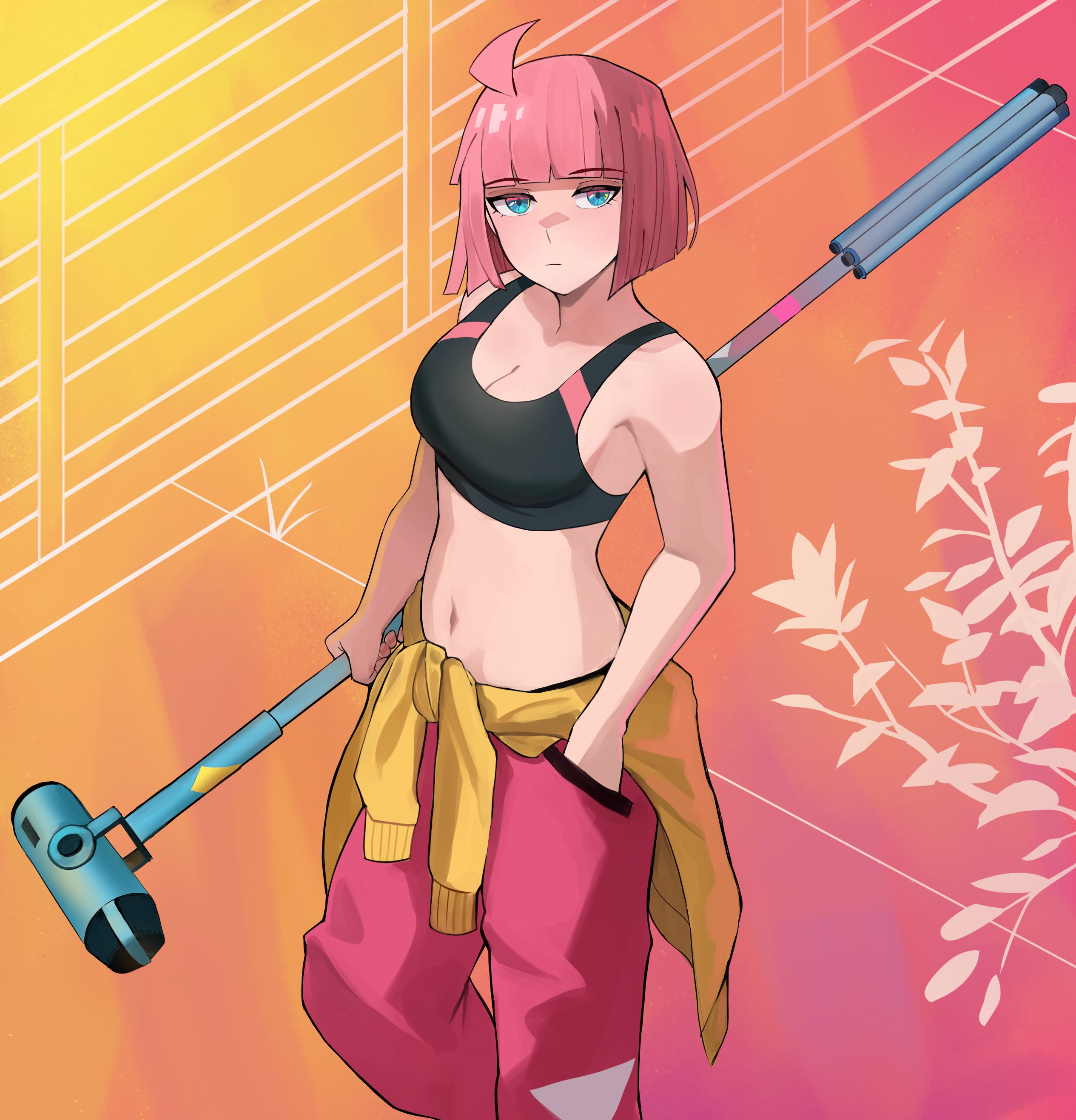 jourd4n, beat (unbeatable), unbeatable, absurdres, commentary, english commentary, highres, 1girl, ahoge, black sports bra, blue eyes, blunt bangs, breasts, cardigan, cardigan around waist, cleavage, closed mouth, clothes around waist, feet out of frame, gradient background, hand in pocket, holding, large breasts, looking at viewer, navel, orange background, pants, pink background, pink hair, pink pants, solo, sports bra, standing, yellow cardigan