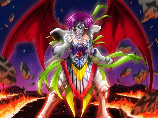 uran, girl doll 2 shisha, stance, 1girl, armor, breasts, chain, cleavage, demon wings, female focus, fighting, gloves, mask, monster girl, purple hair, solo, volcano, wings