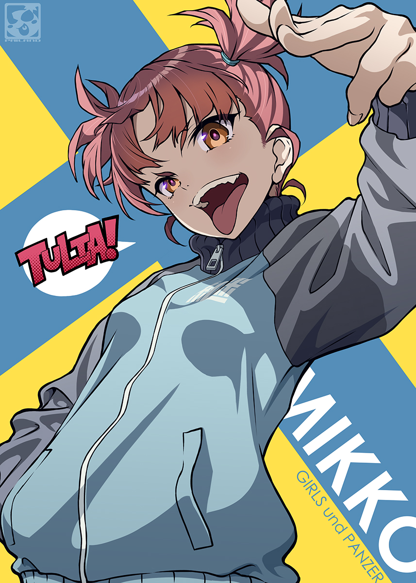 pairan, mikko (girls und panzer), girls und panzer, highres, 1girl, blue jacket, breasts, feet out of frame, jacket, keizoku school uniform, looking at viewer, open mouth, red eyes, red hair, school uniform, short hair, small breasts, solo, standing, teeth, tongue, tongue out, twintails, upper teeth only