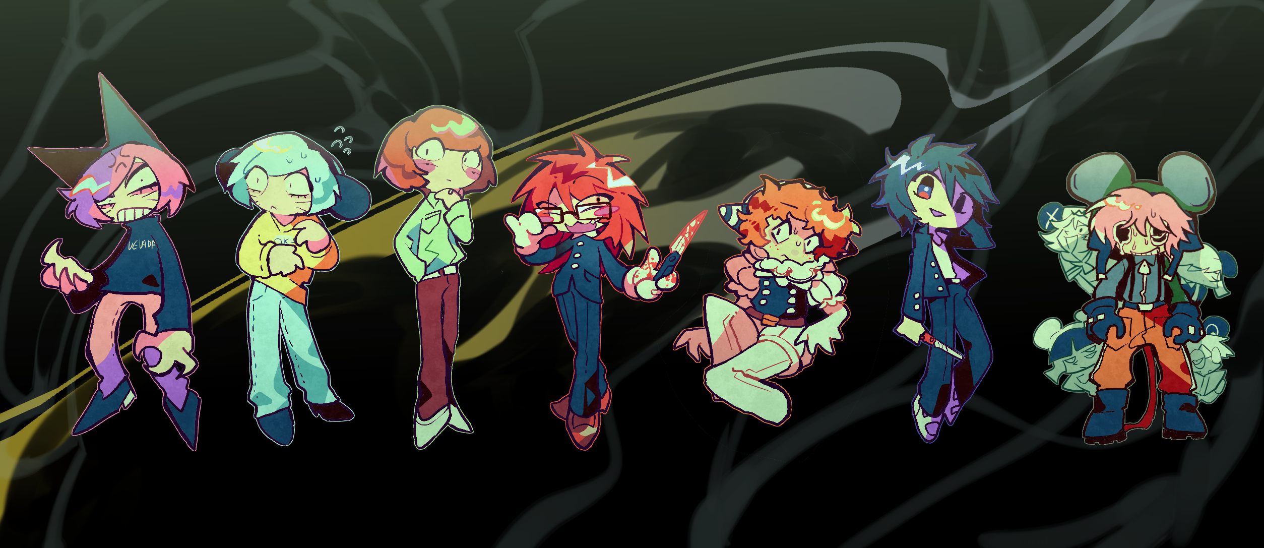 fuji den fujiko, luther von ivory, nyen (randal's friends), nyon (randal's friends), randal ivory, sebastian de tomato smith chicken legs, tsukada satoru, randal's friends, highres, 6+boys, animal ears, animal hat, black background, blood, bloody knife, clown, deformed, fake animal ears, full body, hat, holding, holding knife, kinder surprised michael jr., knife, looking at viewer, male focus, multiple boys, present day problem takeuchi robert, ratman 3 (randal's friends), ratman 4 (randal's friends), ratman 5 (randal's friends)