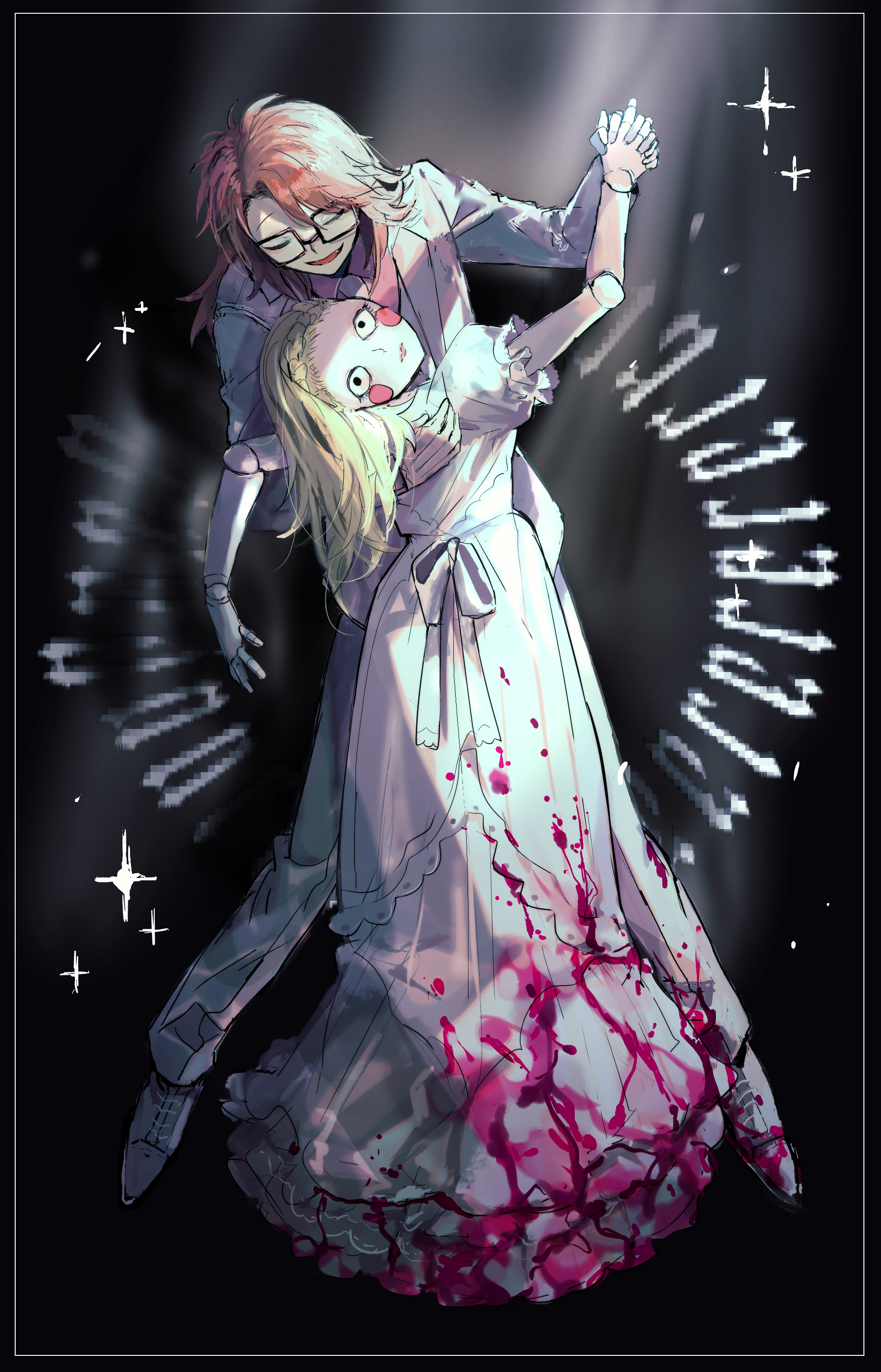 fuji den fujiko, randal ivory, randal's friends, absurdres, commentary request, highres, 1boy, 1girl, black background, black eyes, blonde hair, blood, blood on clothes, closed eyes, dancing, doll joints, dress, fang, formal clothes, glasses, holding hands, joints, long hair, looking at another, pink hair, short hair, suit, white dress, white suit