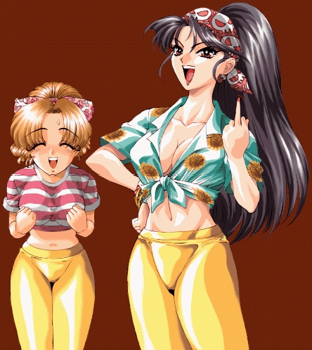 lowres, bandana, black hair, breasts, cleavage, long hair, middle finger, tight clothes