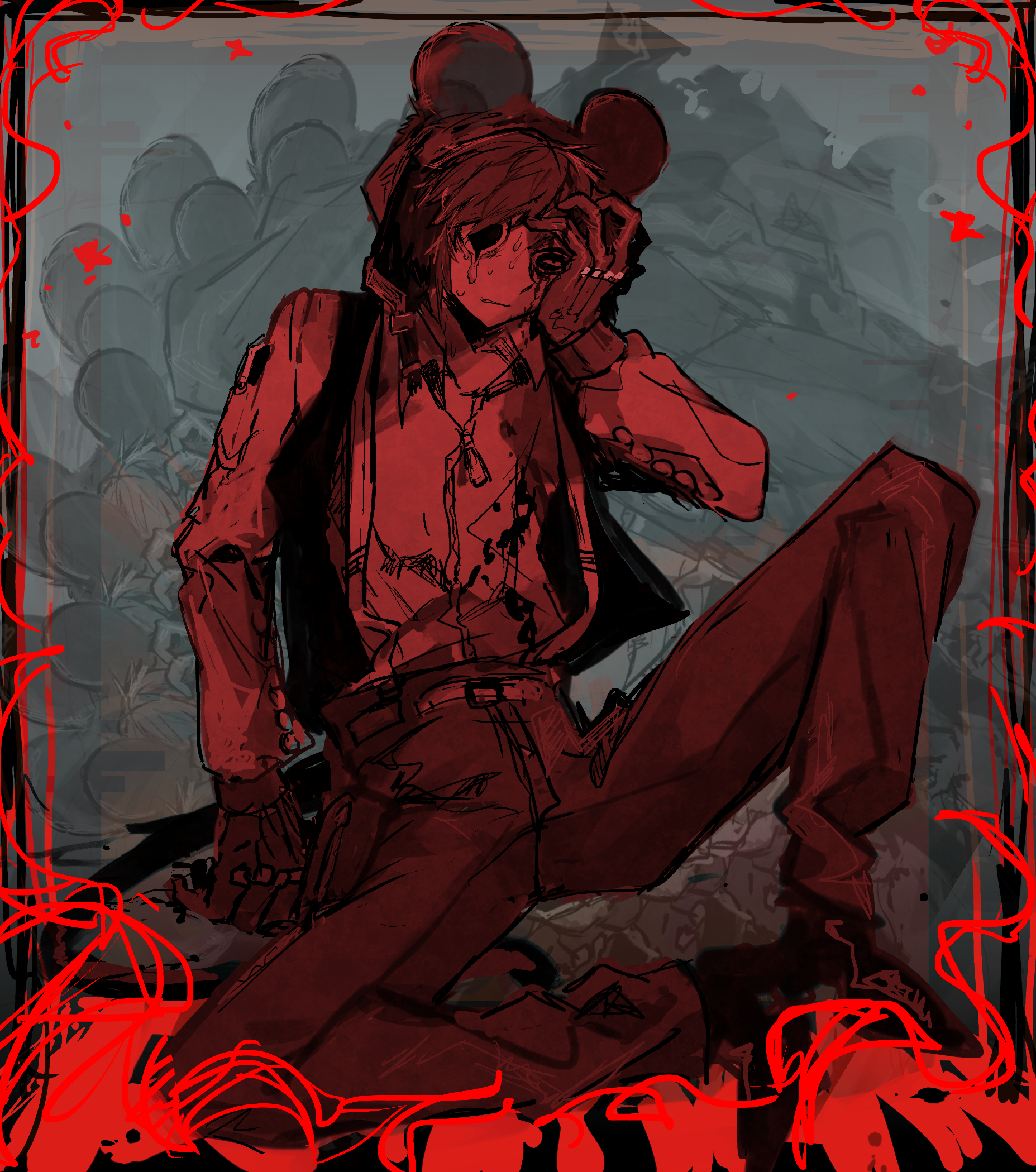 fuji den fujiko, randal's friends, commentary request, highres, 1boy, bleeding, blood, blood from forehead, blood on clothes, gloves, hand on own face, jacket, knees up, male focus, mouse hat, present day problem takeuchi robert, red theme, short hair, sitting, solo, teardrop, vest