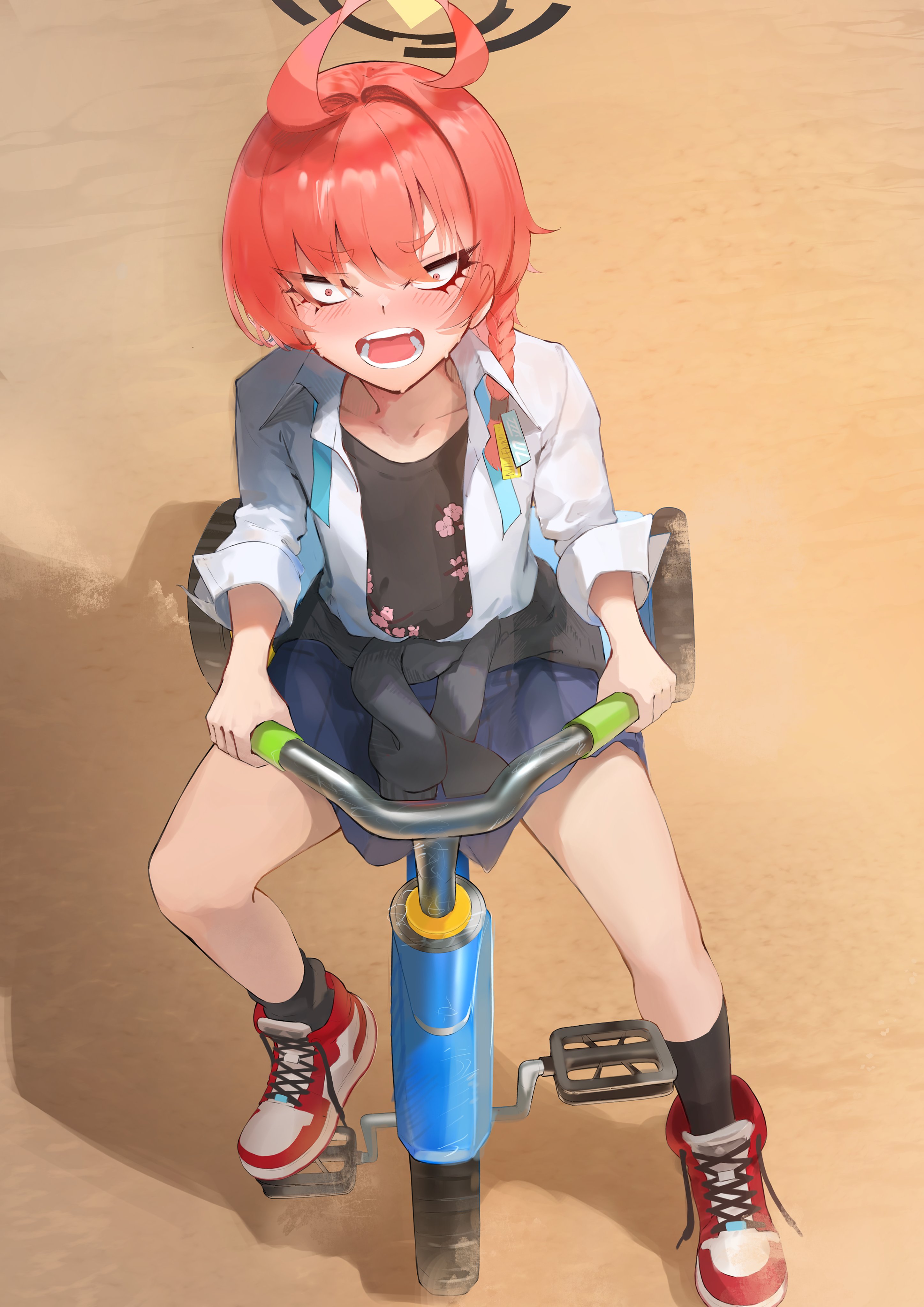 tsutsumikisaki, neru (blue archive), neru (school uniform) (blue archive), blue archive, 1girl, ahoge, black shirt, blue skirt, blush, braid, clothes around waist, embarrassed, floral print, floral print shirt, from above, hair ornament, hair tie, halo, huge ahoge, medium hair, open clothes, open mouth, open shirt, orange hair, red eyes, riding tricycle, sanpaku, school uniform, shirt, shirt around waist, shoes, short hair, side braid, skirt, sneakers, solo, tricycle, white shirt