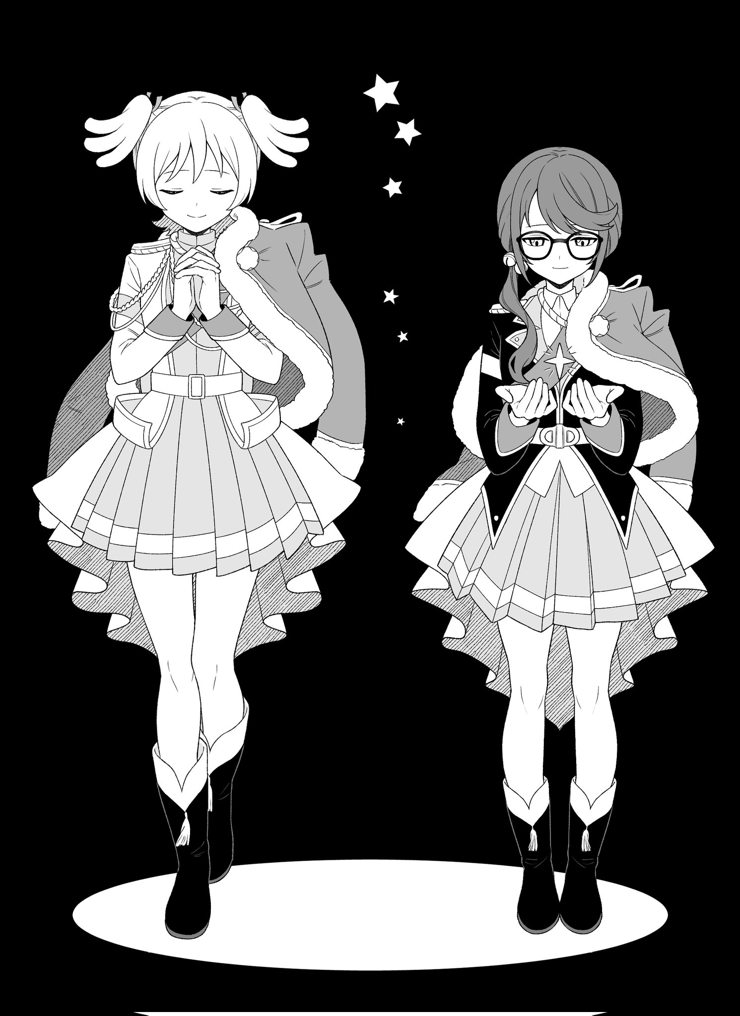 kashima momoki, daiba nana, hoshimi junna, shoujo kageki revue starlight, highres, 2girls, :|, aiguillette, ankle socks, belt, belt buckle, black background, black boots, black jacket, black socks, boots, buckle, closed eyes, closed mouth, collared jacket, collared shirt, epaulettes, facing viewer, flipped bangs, full body, fur-trimmed jacket, fur trim, glasses, hair ribbon, half-closed eyes, hands up, high contrast, interlocked fingers, jacket, jacket on shoulders, lapels, long hair, long sleeves, looking at object, looking down, low side ponytail, miniskirt, multiple girls, notched lapels, object floating above hand, own hands clasped, own hands together, pleated skirt, praying, ribbon, sash, shadow, shirt, short hair, shoulder sash, sidelocks, simple background, single horizontal stripe, skirt, smile, socks, spotlight, standing, star (symbol), straight-on, tassel, two side up, waist cape, walking, white background, white jacket, white socks