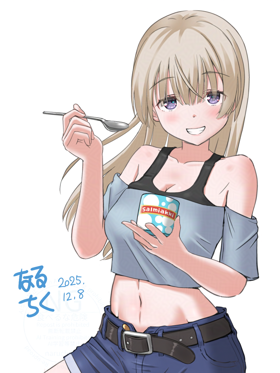 naruchiku (naruchikukai), eila ilmatar juutilainen, strike witches, world witches series, highres, 1girl, alternate costume, belt, black belt, black bra, blue eyes, blush, bra, feet out of frame, food, grey hair, holding, holding spoon, long hair, long sleeves, looking at viewer, salmiakki, shirt, shorts, simple background, smile, solo, spoon, stomach, teeth, underwear, white background