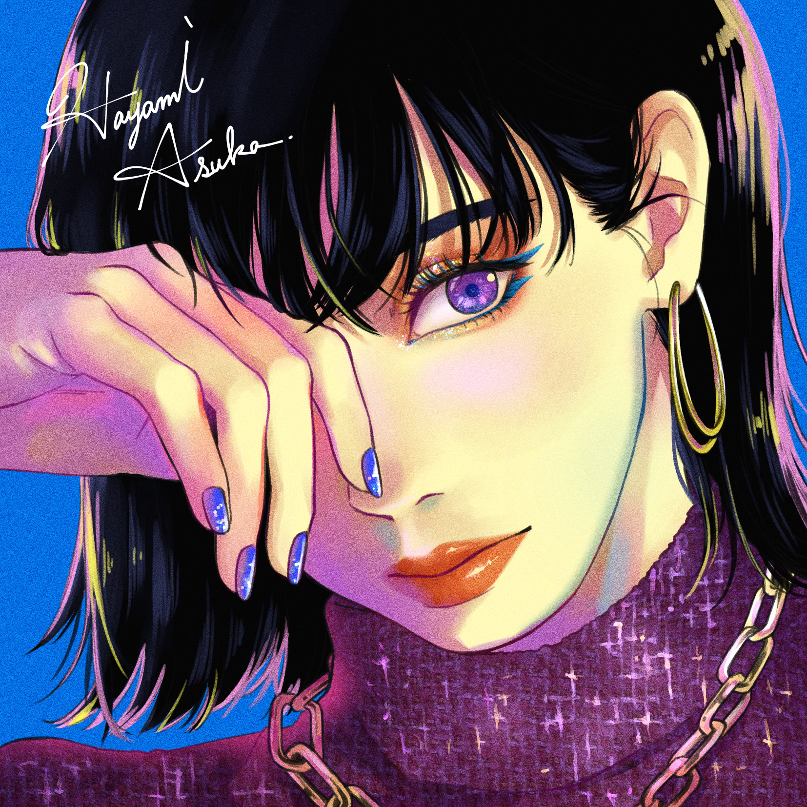 sakana akami, original, commentary request, highres, 1girl, artist name, black hair, blue background, blue nails, chain, chain necklace, closed mouth, colored eyelashes, covering one eye, earrings, eyelashes, film grain, fingernails, glitter, glitter makeup, gold earrings, hair behind ear, hand on own face, hand over eye, hoop earrings, jewelry, lips, long fingernails, looking at viewer, nail polish, necklace, portrait, purple eyes, purple sweater, red lips, short hair, simple background, solo, sweater, turtleneck, turtleneck sweater