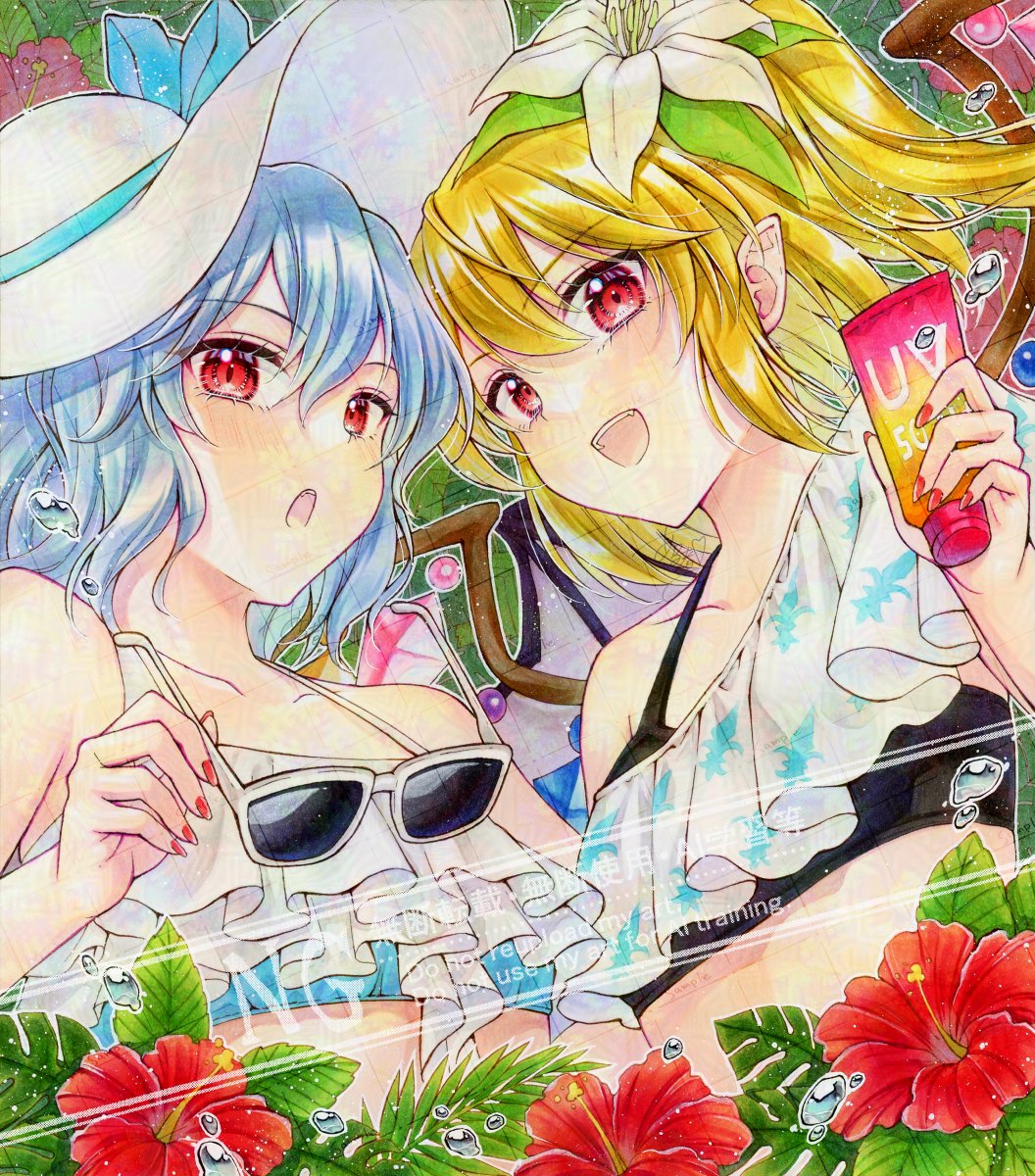 alto2019, flandre scarlet, flandre scarlet (vampire's sister prepared for splashes and sunlight), remilia scarlet, remilia scarlet (vampire prepared for splashes and sunlight), touhou, touhou lostword, commentary request, flower request, highres, 2girls, alternate costume, alternate headwear, bat wings, bikini, blonde hair, blue hair, blush, collarbone, crystal, crystal wings, flower, hair flower, hair ornament, hat, holding, holding removed eyewear, holding sunscreen, leaf, looking at viewer, lotion, multicolored wings, multiple girls, one side up, open mouth, pointy ears, red eyes, red flower, red nails, sample watermark, siblings, signature, sisters, smile, sun hat, sunglasses, sunscreen, swimsuit, unworn eyewear, water drop, watermark, watermark grid, white-framed eyewear, white bikini, white flower, white hat, wings