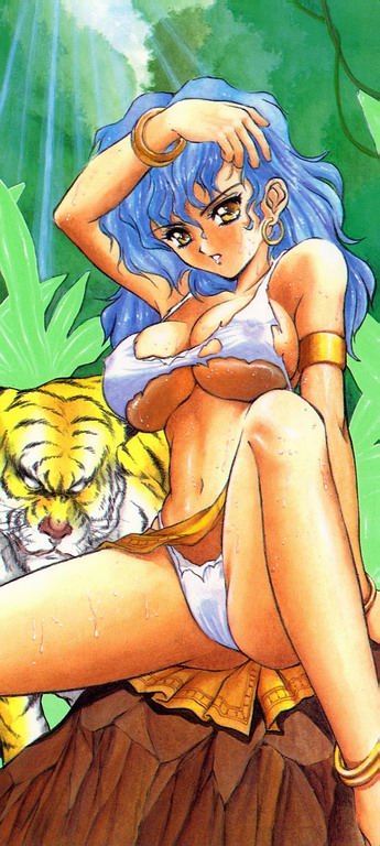 blue hair, covered erect nipples, jewelry, jungle, miniskirt, nature, panties, skirt, tiger, underwear