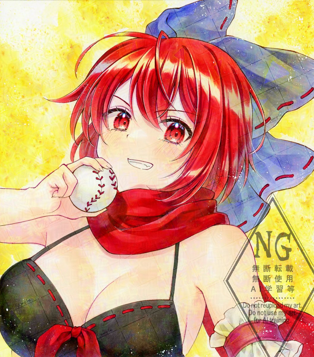 alto2019, sekibanki, touhou, touhou lostword, adversarial noise, commentary request, highres, 1girl, alternate costume, ball, baseball (object), bikini, black bikini, blush, bow, breasts, cleavage, grin, hair bow, holding, holding ball, purple bow, red eyes, red hair, red scarf, ribbon-trimmed bow, ribbon trim, sample watermark, scarf, sekibanki (dullahan on the beach), signature, smile, solo, swimsuit, watermark, watermark grid