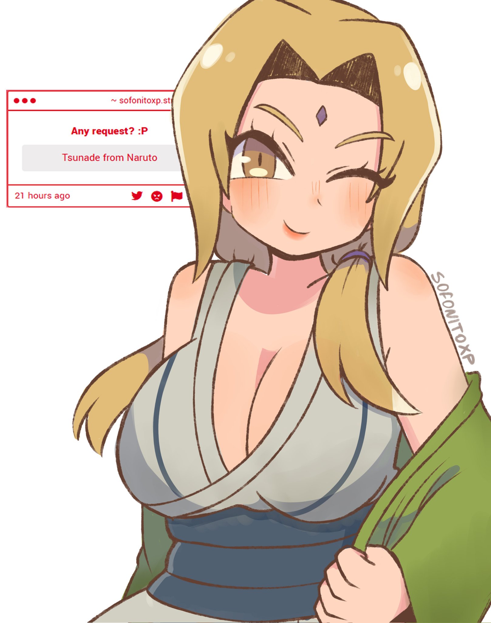sofo soup, tsunade (naruto), naruto (series), highres, 1girl, blonde hair, blush, breasts, brown eyes, cleavage, closed mouth, collarbone, english text, large breasts, long hair, looking at viewer, one eye closed, simple background, smile, solo, strawpage, upper body, white background
