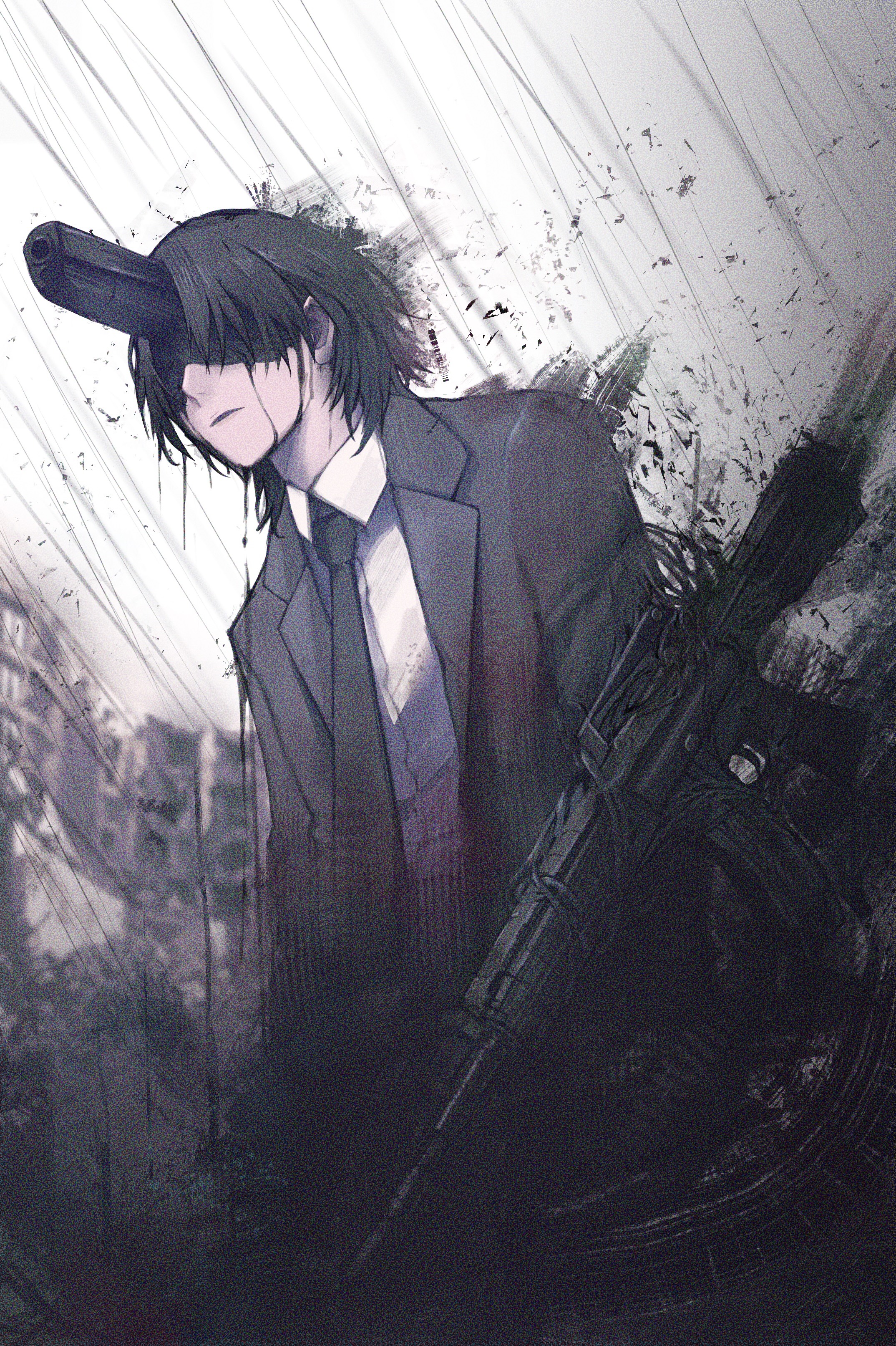 sakuranuts00, gun devil (chainsaw man), chainsaw man, absurdres, highres, 1boy, assault rifle, black jacket, black necktie, black pants, black suit, business suit, collared shirt, formal clothes, gun, handgun, holding, holding gun, holding weapon, jacket, magazine (weapon), necktie, pant suit, pants, rifle, shirt, suit, suit jacket, weapon, white shirt