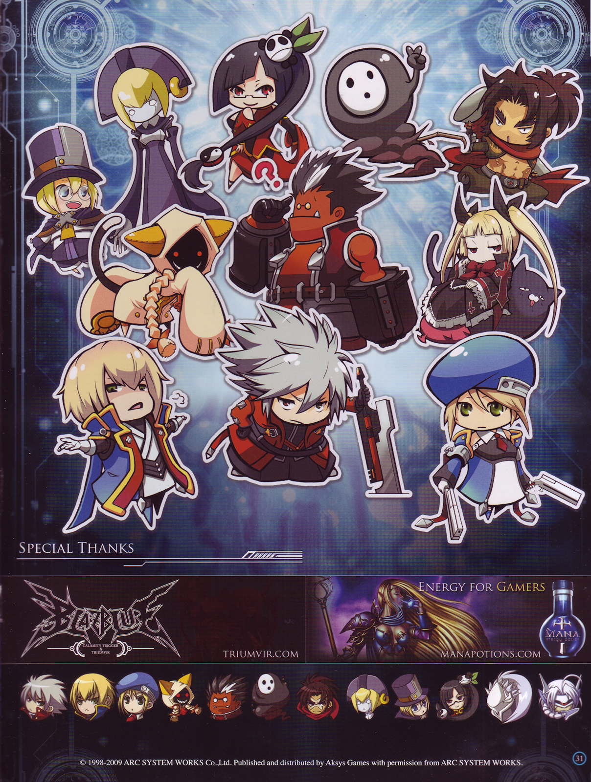 arakune, carl clover, gii, hakumen, iron tager, kisaragi jin, lao jiu, litchi faye ling, nago, nirvana (blazblue), noel vermillion, nu-13, rachel alucard, ragna the bloodedge, shishigami bang, taokaka, arc system works, blazblue, blazblue: calamity trigger, highres, official art, 5boys, 5girls, abs, animal ears, black hair, blonde hair, bow, cat ears, cat tail, chibi, everyone, glasses, gothic lolita, green eyes, gun, hair ornament, hair ribbon, handgun, hat, lolita fashion, long hair, multiple boys, multiple girls, puppet, red bow, red eyes, ribbon, robot, sword, tail, top hat, very long hair, weapon