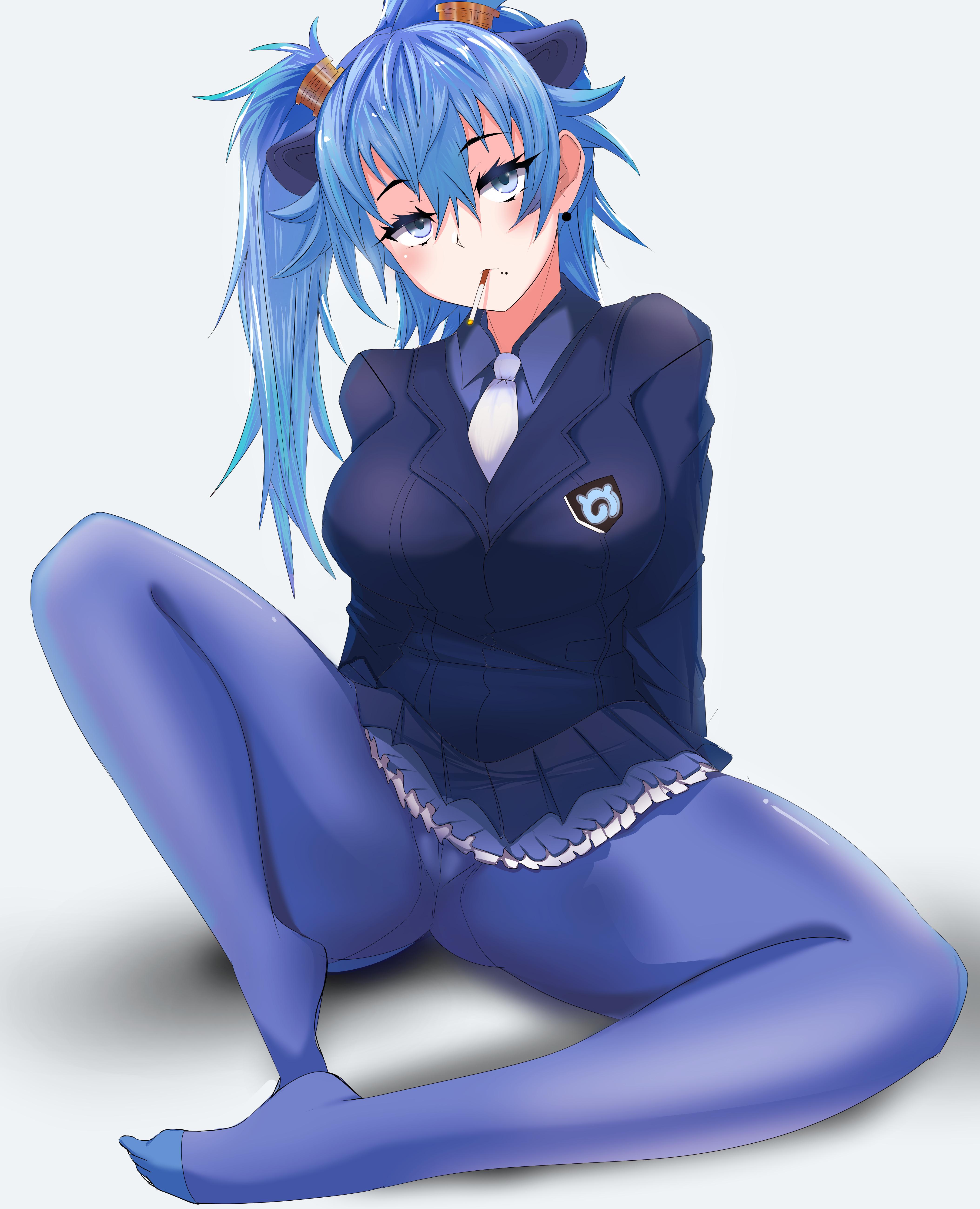 nanoder, seiryuu (kemono friends), kemono friends, absurdres, highres, 1girl, animal ears, blue eyes, blue hair, blush, breasts, cigarette, dragon girl, dragon tail, extra ears, gloves, hair between eyes, jacket, japari symbol, large breasts, long hair, long sleeves, looking at viewer, necktie, panties, panties under pantyhose, pantyhose, shirt, sitting, skirt, solo, spread legs, tail, twintails, underwear