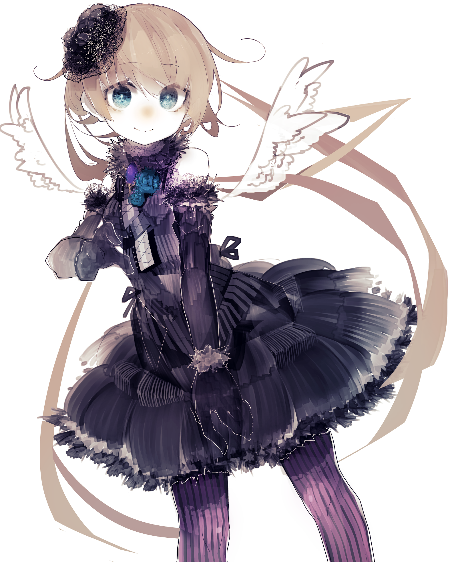 riuichi, original, highres, 1girl, angel wings, black dress, bow, bowtie, brown hair, detached sleeves, dress, flower, frills, gloves, gothic lolita, green eyes, hair ornament, lace, lolita fashion, long hair, looking at viewer, parted bangs, portrait, rose, simple background, smile, striped clothes, striped thighhighs, thighhighs, victorian, white background, wings