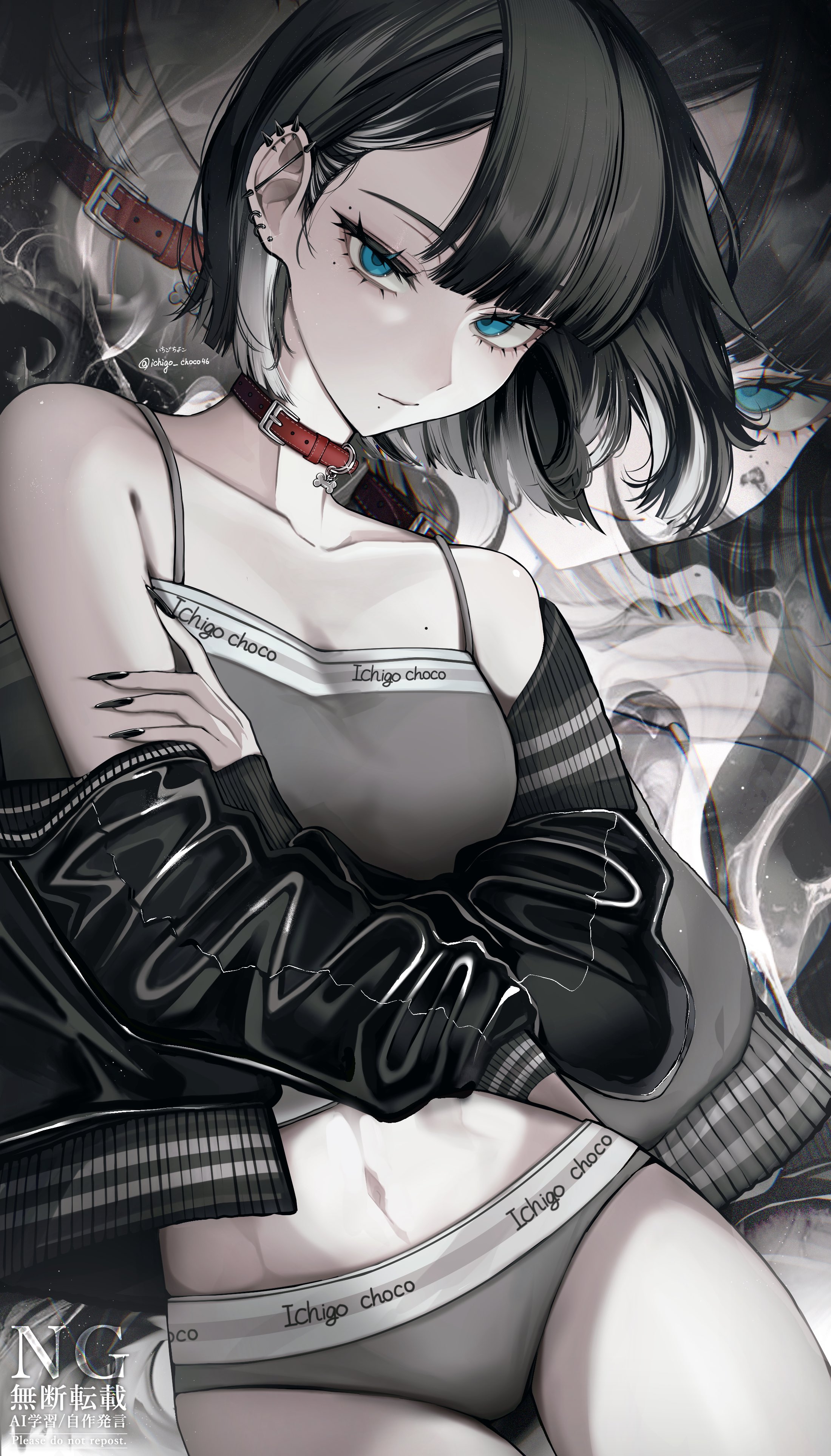 original, absurdres, highres, 1girl, black hair, black nails, blue eyes, camisole, collar, ear piercing, ichigo choco46, jacket, mole, mole under eye, mole under mouth, multicolored hair, navel, off shoulder, open clothes, open jacket, panties, piercing, solo, streaked hair, underwear, white hair