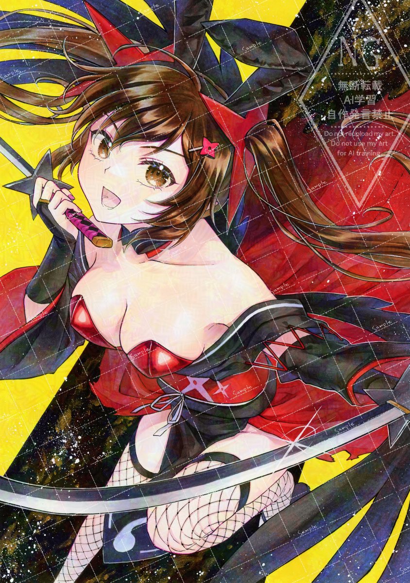 alto2019, himekaidou hatate, touhou, touhou lostword, commentary request, highres, 1girl, alternate costume, animal ear hairband, animal ears, black choker, breasts, bridal gauntlets, brown eyes, brown hair, choker, cleavage, collarbone, dual wielding, fake animal ears, fishnet thighhighs, fishnets, glint, hairband, holding, holding sword, holding weapon, leg up, leotard, long hair, looking at viewer, nontraditional playboy bunny, open mouth, pelvic curtain, pink nails, rabbit ear hairband, rabbit ears, red leotard, sample watermark, shuriken hair ornament, side slit, signature, smile, solo, sword, thighhighs, twintails, very long hair, watermark, watermark grid, weapon, wings