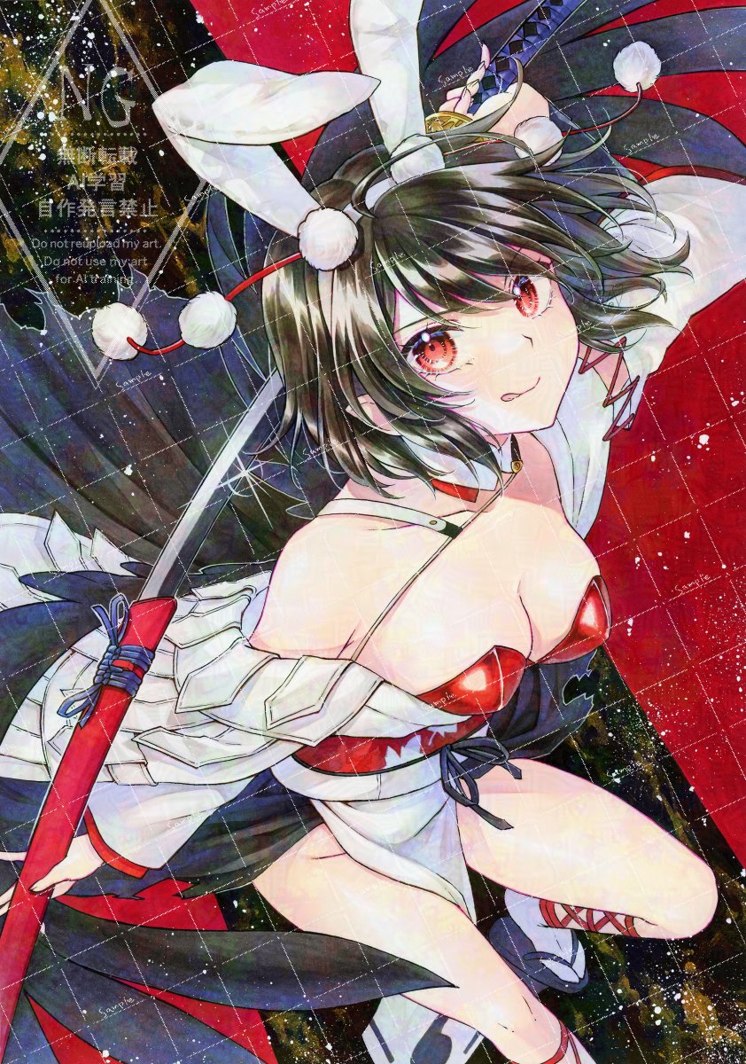 alto2019, shameimaru aya, touhou, touhou lostword, commentary request, highres, 1girl, :q, alternate costume, animal ear hairband, animal ears, breasts, brown hair, cleavage, closed mouth, fake animal ears, hairband, holding, holding sheath, holding sword, holding weapon, leotard, looking at viewer, nontraditional playboy bunny, obi, pelvic curtain, rabbit ear hairband, rabbit ears, red eyes, red leotard, sample watermark, sash, sheath, side slit, signature, smile, socks, solo, sword, tongue, tongue out, unsheathing, watermark, watermark grid, weapon, white socks, wings