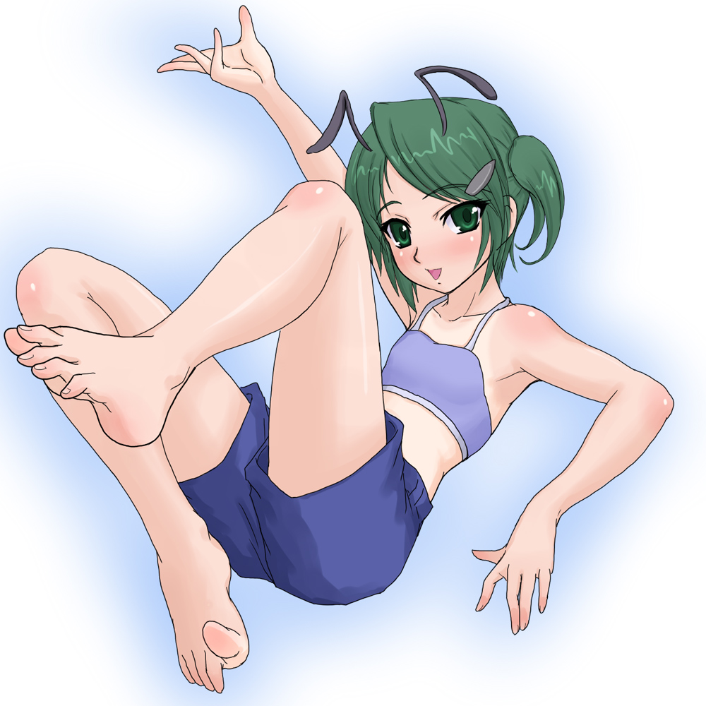 kuro suto sukii, wriggle nightbug, touhou, 1girl, antennae, barefoot, feet, female focus, flat chest, full body, gradient background, green eyes, green hair, hair ornament, hairclip, matching hair/eyes, short hair, shorts, solo, tomboy, white background