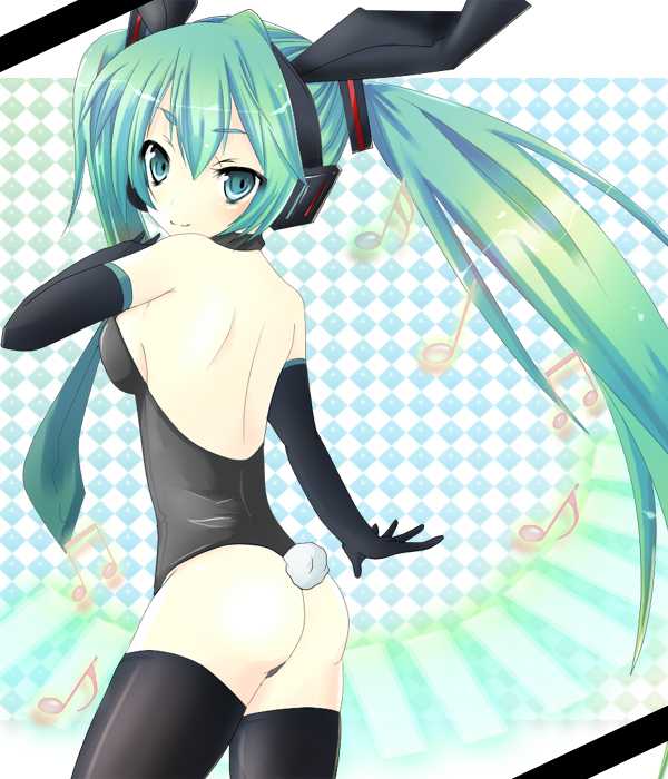 eema, hatsune miku, vocaloid, bad id, bad pixiv id, 1girl, animal ear headphones, animal ears, ass, elbow gloves, fake animal ears, female focus, gloves, green hair, headphones, kemonomimi mode, long hair, looking back, playboy bunny, rabbit ear headphones, rabbit ears, solo, thighhighs, twintails, very long hair