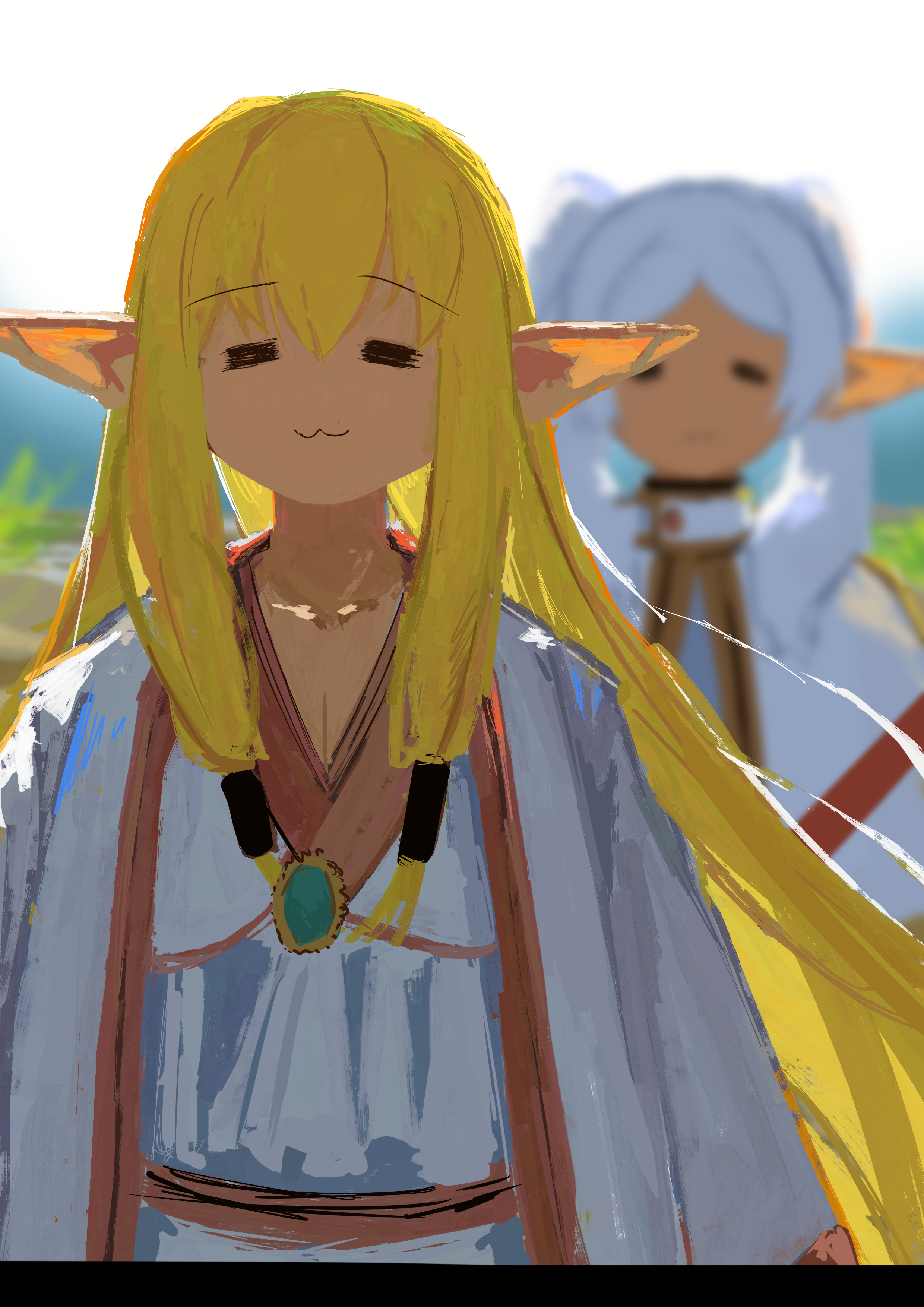 koukouya, frieren, serie (sousou no frieren), sousou no frieren, absurdres, commentary request, highres, 2girls, :3, = =, blonde hair, blurry, blurry background, chest jewel, closed mouth, elf, hair tubes, jewelry, long hair, multiple girls, pointy ears, white hair