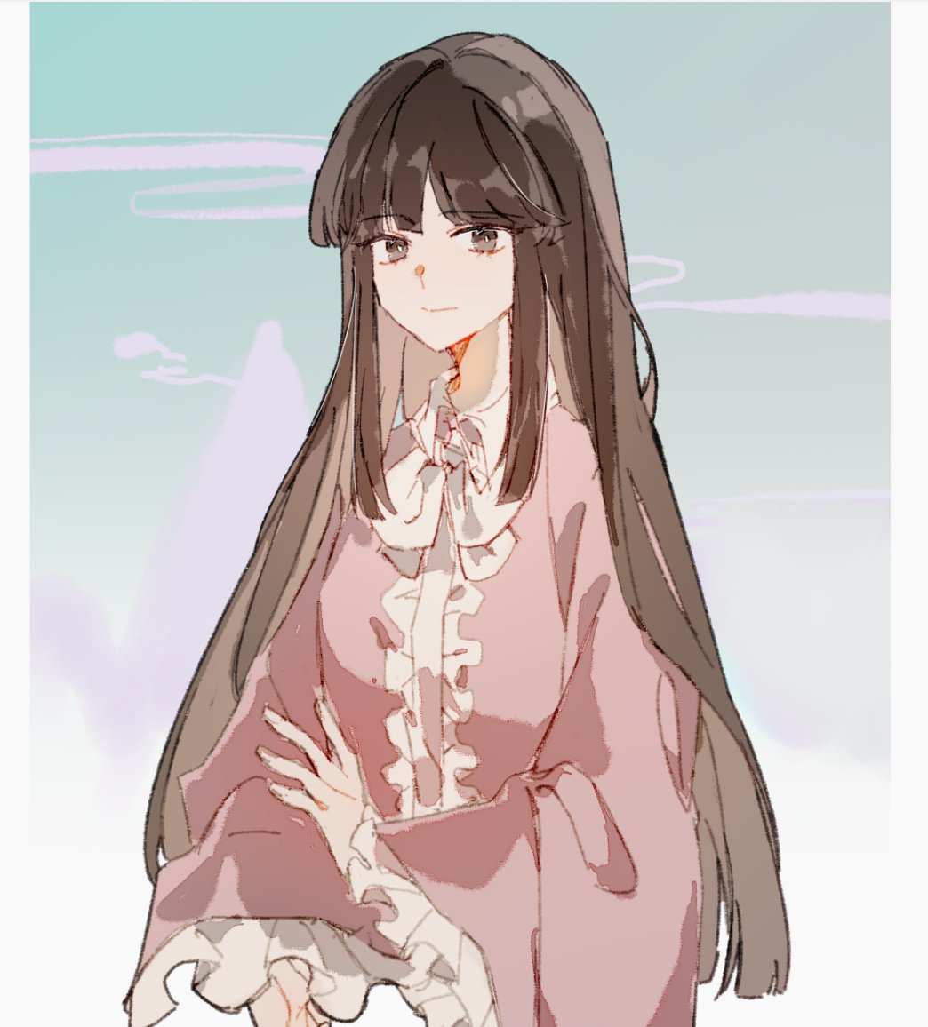 wssjzwcmd, houraisan kaguya, touhou, 1girl, black eyes, black hair, blue background, bow, bowtie, bright pupils, center frills, closed mouth, collared shirt, cropped torso, frilled sleeves, frills, hand on own arm, long hair, long sleeves, pink shirt, shirt, sidelocks, smile, solo, upper body, very long hair, white bow, white bowtie, white pupils, wide sleeves