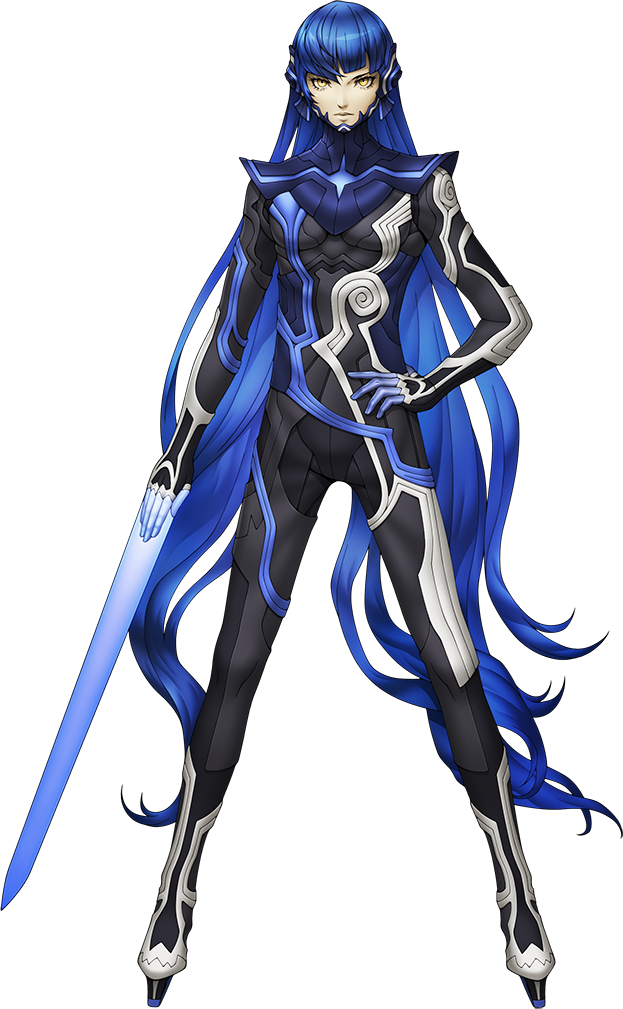 doi masayuki, protagonist (smtv), shin megami tensei, shin megami tensei v, official art, third-party source, 1boy, androgynous, blue eyes, blue hair, bodysuit, energy sword, eyelashes, full body, gloves, hand on own hip, long hair, looking at viewer, male focus, sanpaku, solo, standing, sword, transparent background, very long hair, weapon, yellow eyes
