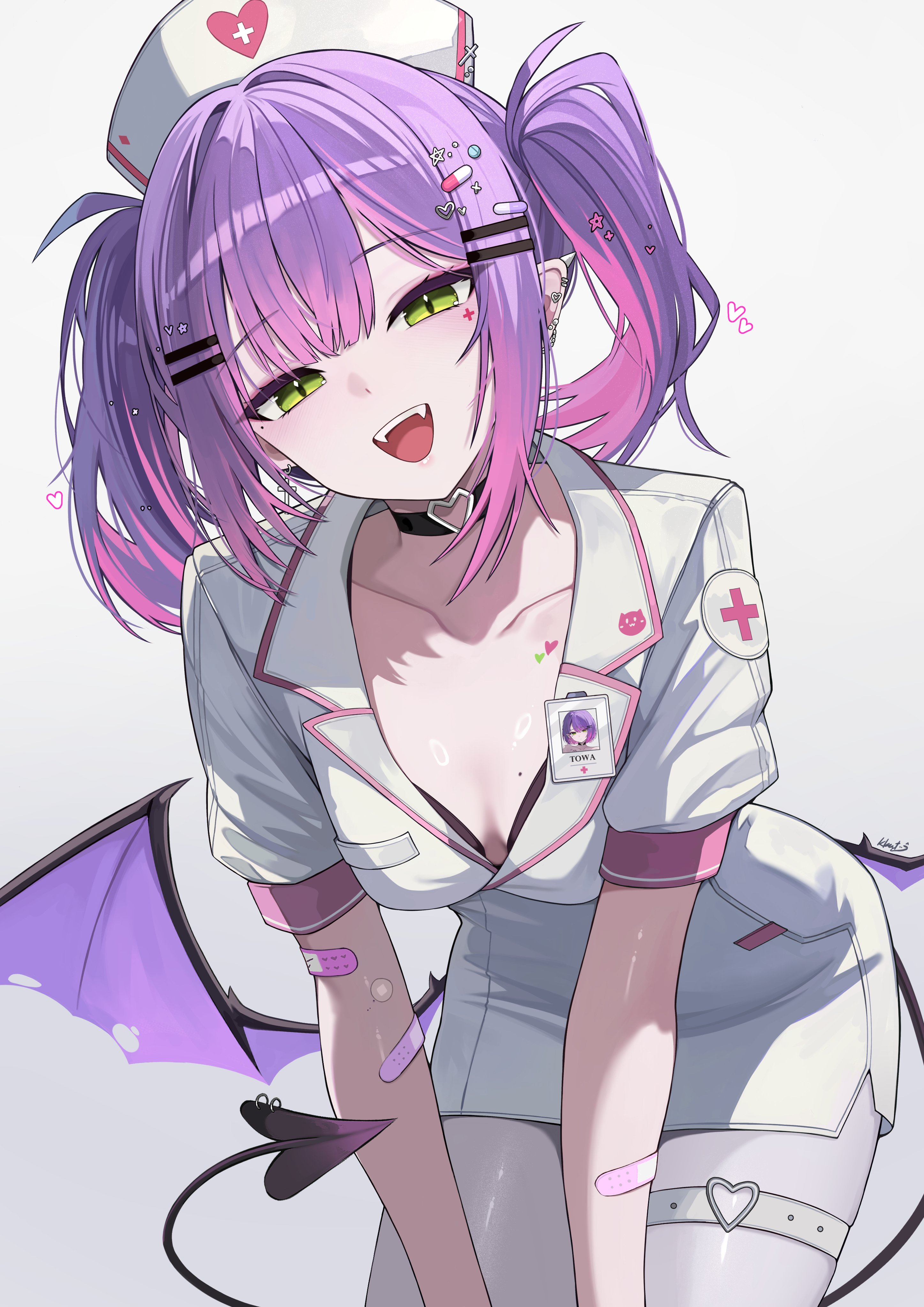kkato, nurse dress, tokoyami towa, hololive, absurdres, commentary, highres, symbol-only commentary, 1girl, :d, alternate costume, alternate hairstyle, black bra, bra, bra peek, breasts, cleavage, demon girl, demon tail, demon wings, dress, earrings, fangs, gradient hair, green eyes, hair ornament, hairclip, hat, heart, heart o-ring, id card, jewelry, leaning forward, looking at viewer, low wings, medium breasts, medium hair, multicolored hair, nurse, nurse cap, o-ring, o-ring thigh strap, open mouth, pantyhose, parallel hairclips, piercing, pink hair, pointy ears, puffy short sleeves, puffy sleeves, purple hair, short dress, short sleeves, smile, solo, spiked ear piercing, tail, tail ornament, tail piercing, thigh strap, twintails, underwear, virtual youtuber, white dress, white pantyhose, wings