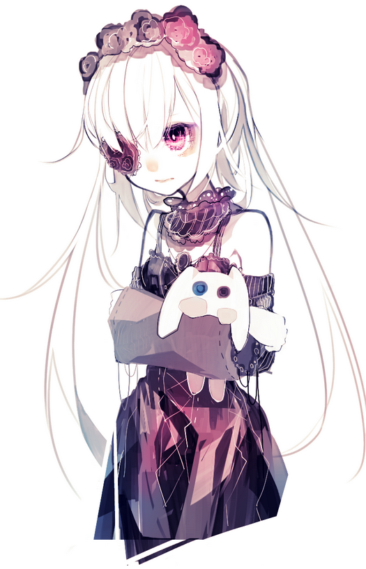riuichi, original, commentary request, 1girl, bare shoulders, blush, choker, closed mouth, detached sleeves, doll, dress, eyepatch, holding, lace, long hair, parted bangs, pink eyes, purple dress, simple background, standing, stuffed animal, stuffed toy, upper body, white background, white hair