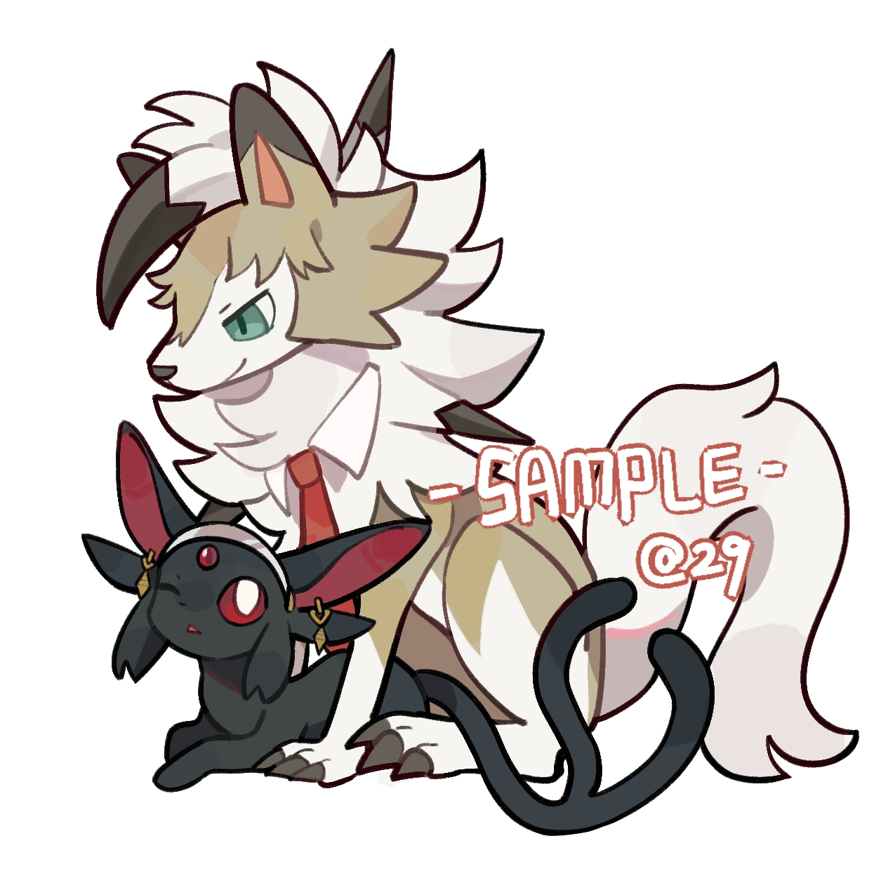 erjiusanshi, espeon, lycanroc, lycanroc (midday), nintendo, original, pokemon, chinese commentary, commentary request, commission, highres, alternate color, alternate shiny pokemon, animal focus, black cat, cat, clothed pokemon, colored sclera, forked tail, gen 2 pokemon, gen 7 pokemon, green eyes, necktie, no humans, one eye closed, pokemon (creature), pokemon focus, red necktie, red sclera, sample watermark, simple background, sitting, tail, watermark, white eyes, wolf