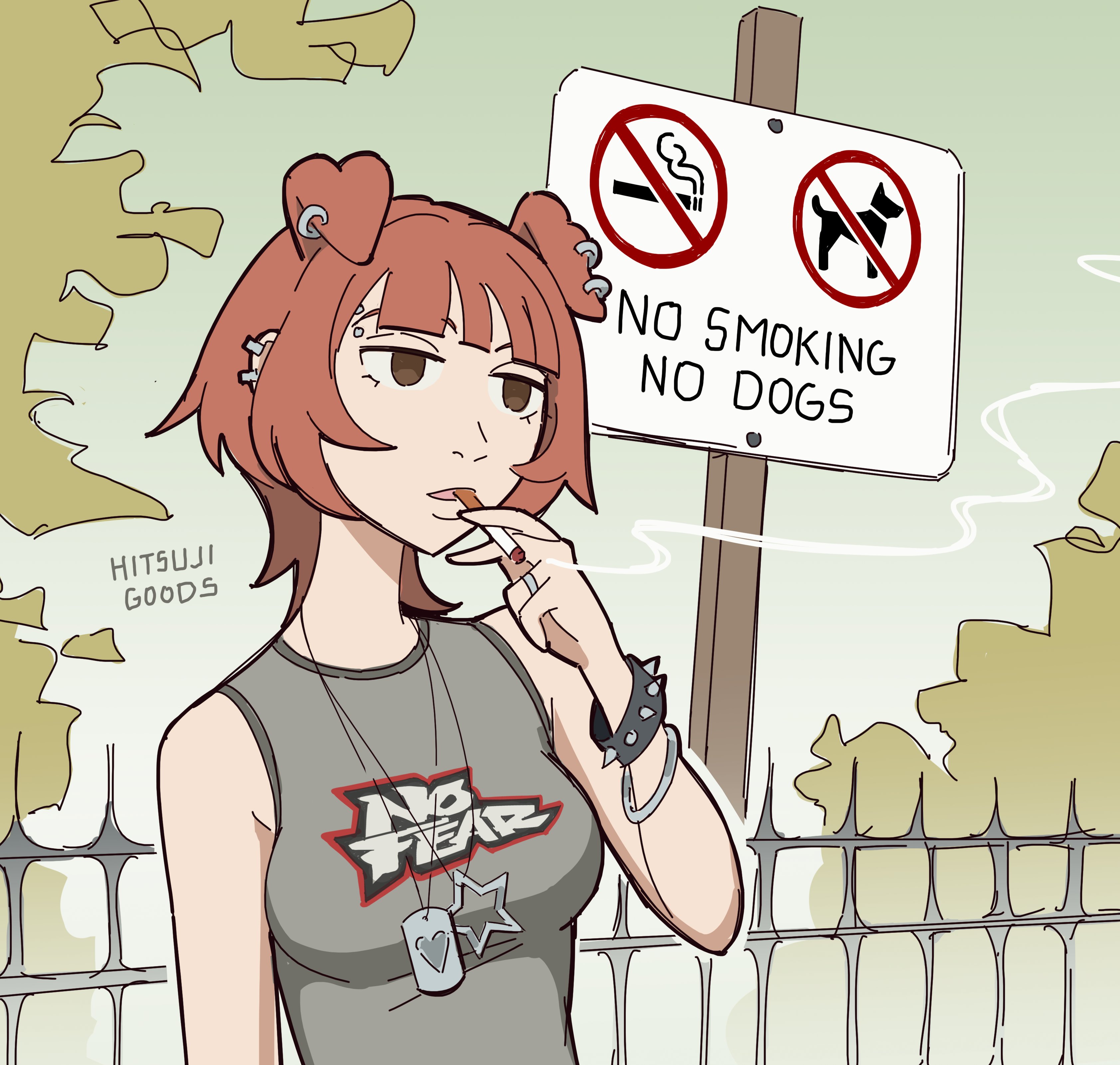 hitsuji (hitsujigoods), mitsu (hitsujigoods), original, absurdres, commentary, english commentary, highres, 1girl, animal ear piercing, animal ears, artist name, bracelet, breasts, brown eyes, brown hair, cigarette, dog ears, dog girl, dog tags, ear piercing, eyebrow piercing, face piercing, fence, grey tank top, jewelry, medium breasts, necklace, piercing, ring, sign, signature, smoking, solo, spiked bracelet, spikes, tank top, upper body