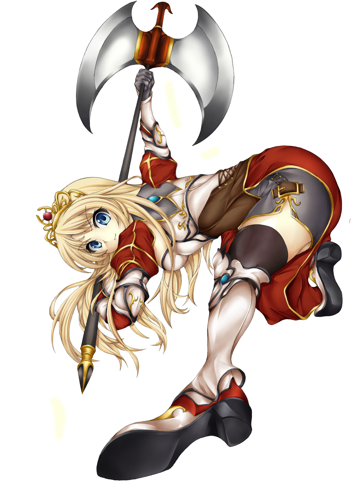 juunin toiro (silent123), silent123, original, highres, 1girl, armor, axe, blonde hair, blue eyes, boots, crown, double bladed axe, female focus, solo, thighhighs, weapon
