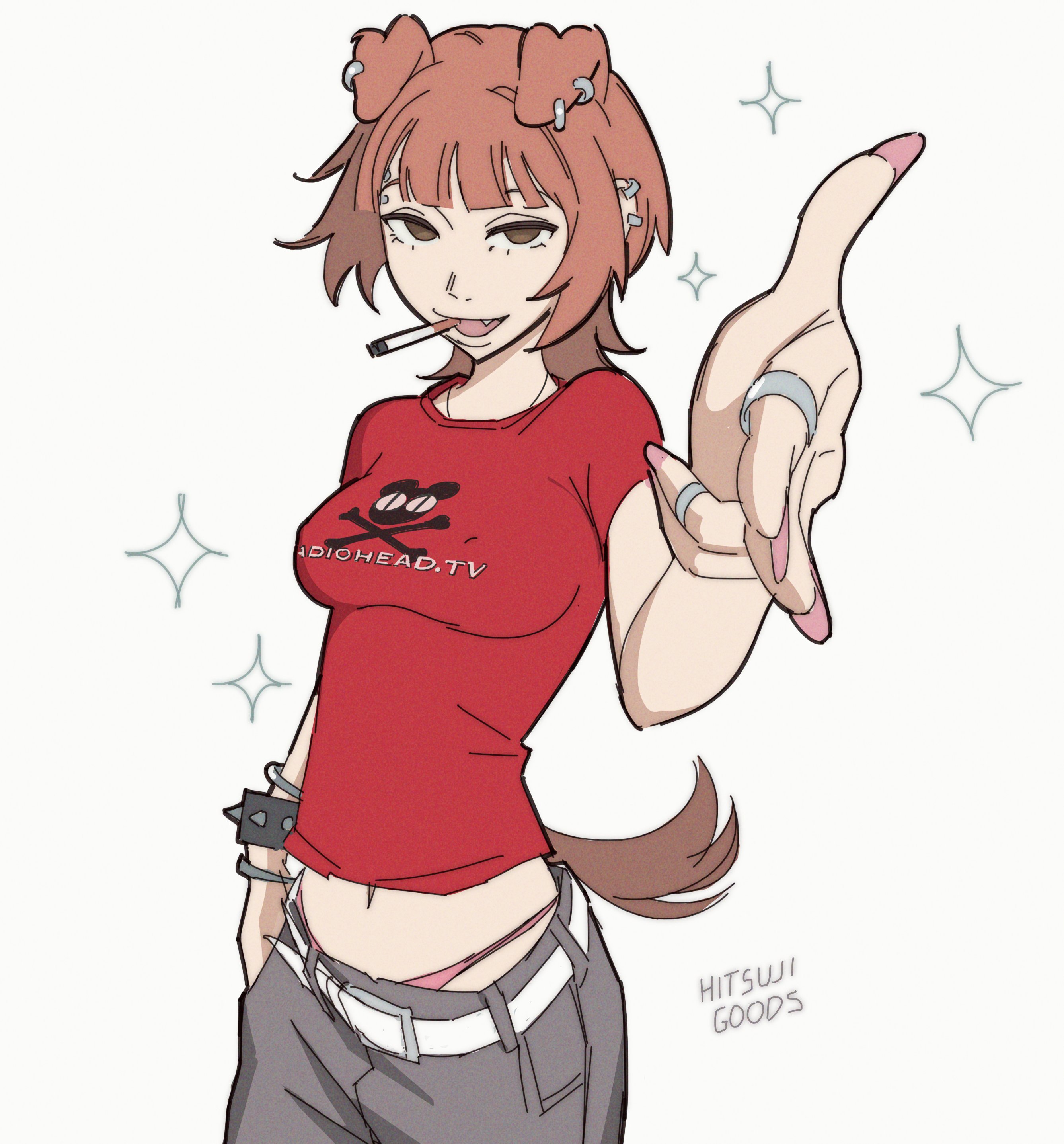 hitsuji (hitsujigoods), mitsu (hitsujigoods), original, radiohead (band), absurdres, commentary, highres, 1girl, animal ear piercing, animal ears, artist name, belt, bracelet, breasts, brown eyes, brown hair, cigarette, dog ears, dog girl, dog tail, ear piercing, empty eyes, eyebrow piercing, face piercing, fang, fingernails, foreshortening, grey pants, hand in pocket, jewelry, long fingernails, lowleg, lowleg pants, medium breasts, midriff, multiple bracelets, multiple rings, navel, necklace, open mouth, panties, pants, piercing, pink nails, pink panties, red shirt, ring, shirt, signature, smile, smoking, solo, sparkle, spiked bra, t-shirt, tail, underwear, upper body, white belt