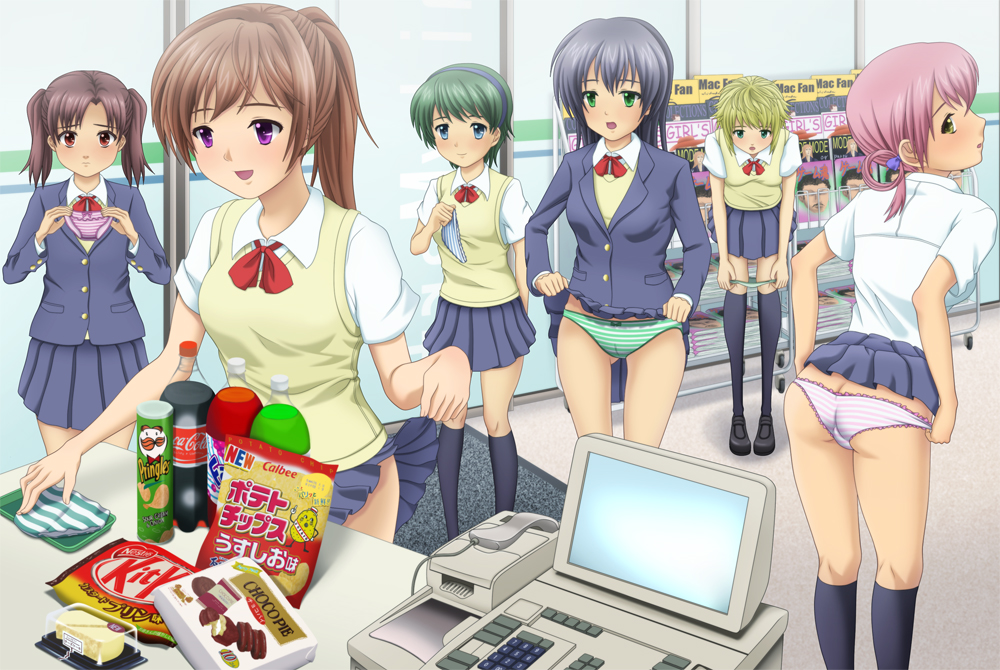 yukihanaok, calbee (potato chips), coca-cola, familymart, original, pringles, bad id, bad pixiv id, 6+girls, :d, ass, black socks, blazer, blonde hair, blue eyes, bottle, brown hair, candy, cash register, clothes lift, convenience store, food, from behind, green eyes, green hair, hairband, holding, holding panties, holding underwear, holding unworn clothes, jacket, kneehighs, looking back, multiple girls, open mouth, panties, panty pull, pink hair, pleated skirt, ponytail, product placement, red eyes, school uniform, shop, short hair, short twintails, skirt, skirt lift, smile, socks, striped clothes, striped panties, sweater vest, twintails, underwear, undressing, yellow eyes