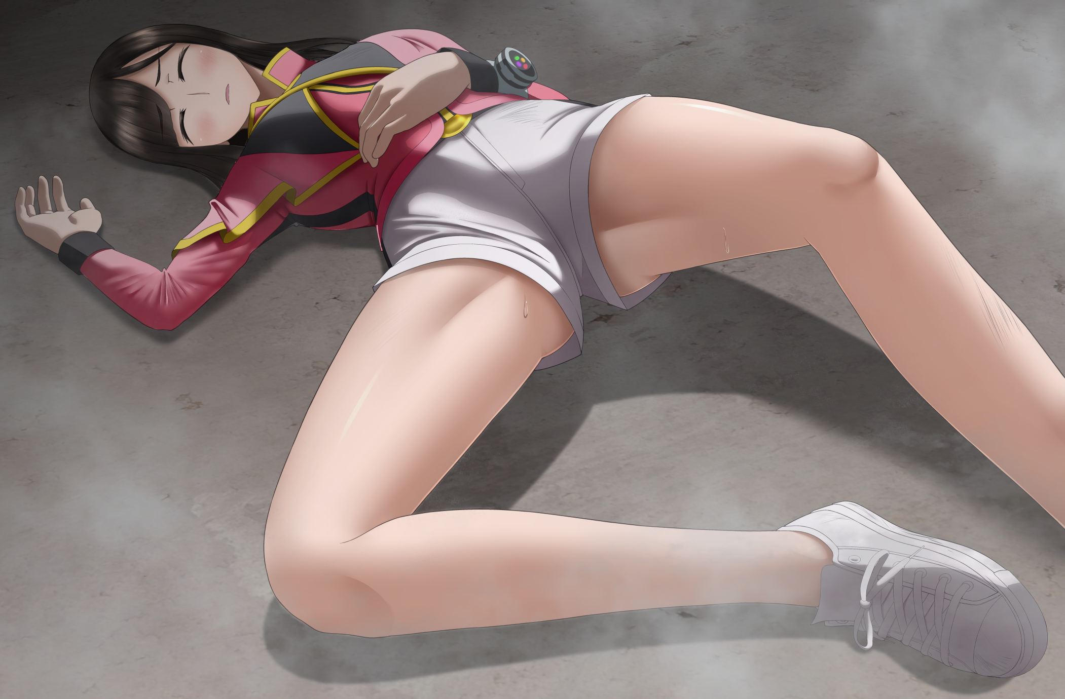 hyuryona, 1girl, closed eyes, defeat, lying, on ground, shoes, short shorts, shorts, sneakers, solo focus, unconscious