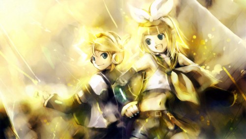 kei (keigarou), kagamine len, kagamine rin, vocaloid, lowres, 1boy, belt, blonde hair, brother and sister, ribbon, siblings, twins