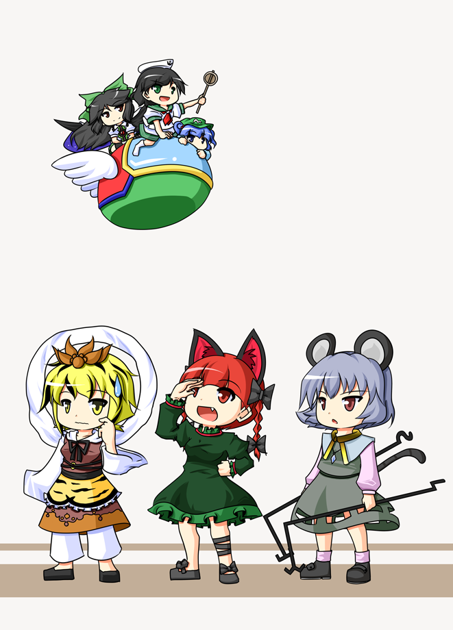 urushi, kaenbyou rin, kawashiro nitori, murasa minamitsu, nazrin, opa-opa, reiuji utsuho, toramaru shou, fantasy zone, touhou, 6+girls, animal ears, animal print, black hair, blonde hair, blue eyes, blue hair, bow, braid, brown eyes, cat ears, cat tail, chibi, crossover, fang, green eyes, grey hair, hair bobbles, hair bow, hair ornament, hat, hishaku, long hair, mouse ears, mouse tail, multicolored hair, multiple girls, red eyes, red hair, ribbon, sailor, sailor collar, sailor hat, short hair, streaked hair, sweatdrop, tail, tiger print, twin braids, two side up, wings, yellow eyes