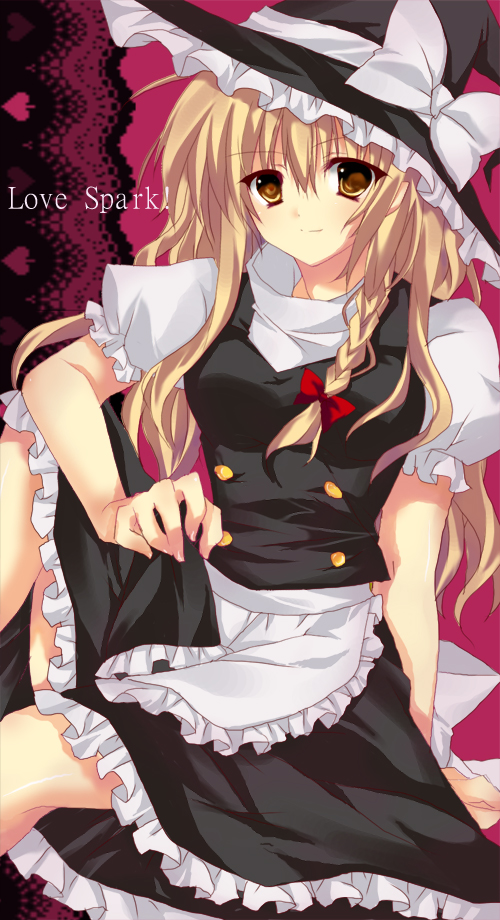 matsumiya kiseri, kirisame marisa, touhou, bad id, bad pixiv id, 1girl, blonde hair, bow, braid, female focus, hat, smile, solo, witch, witch hat, yellow eyes