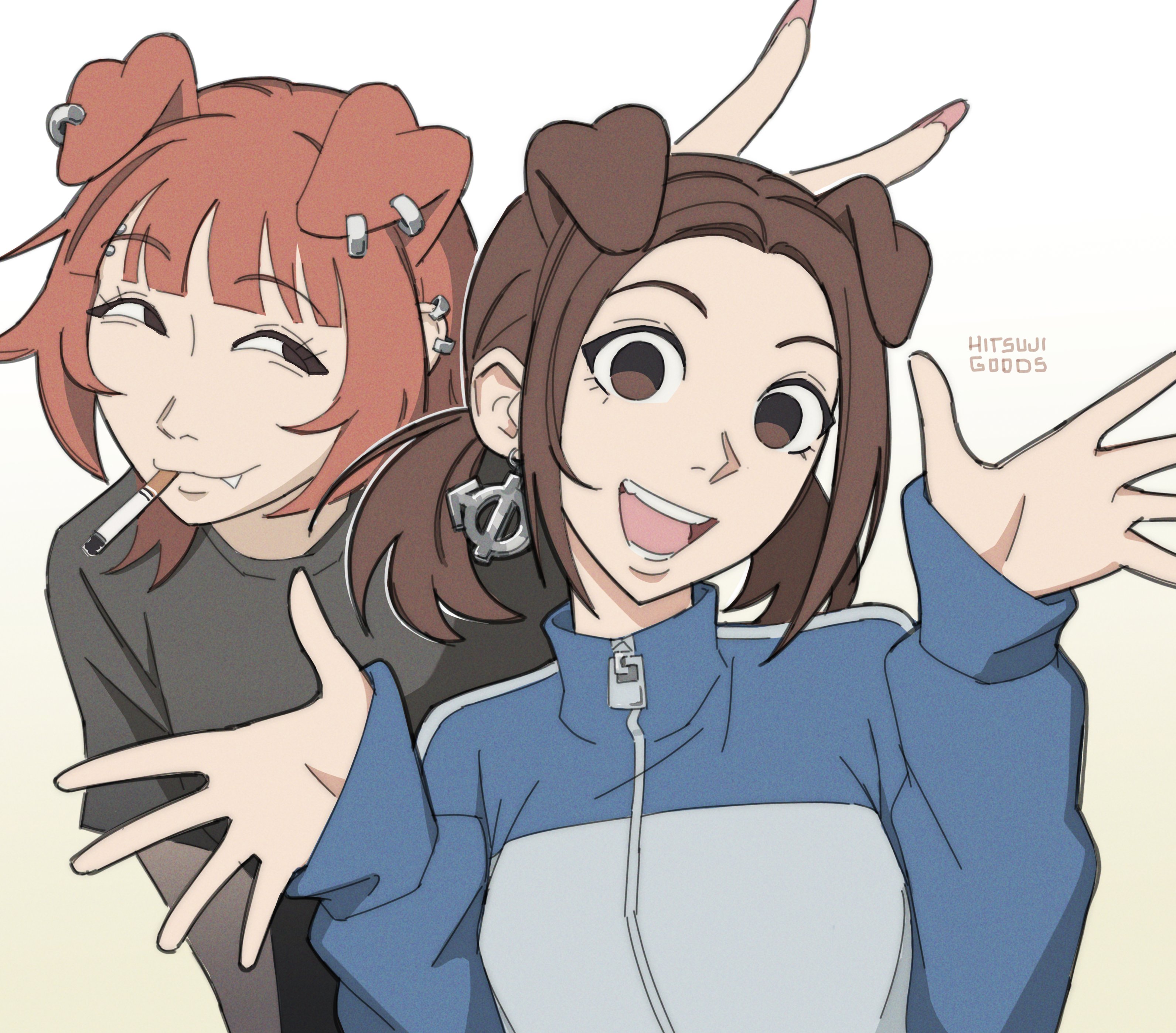 hitsuji (hitsujigoods), mitsu (hitsujigoods), simon (ttgl), vivi (hitsujigoods), original, absurdres, commentary, highres, 2girls, animal ears, artist name, black shirt, blue jacket, brown eyes, brown hair, bunny ears prank, cigarette, dog ears, dog girl, ear piercing, empty eyes, eyebrow piercing, face piercing, fang, jacket, multiple girls, open mouth, piercing, shirt, signature, sleeves past wrists, smile, smirk, smoking, track jacket, twintails