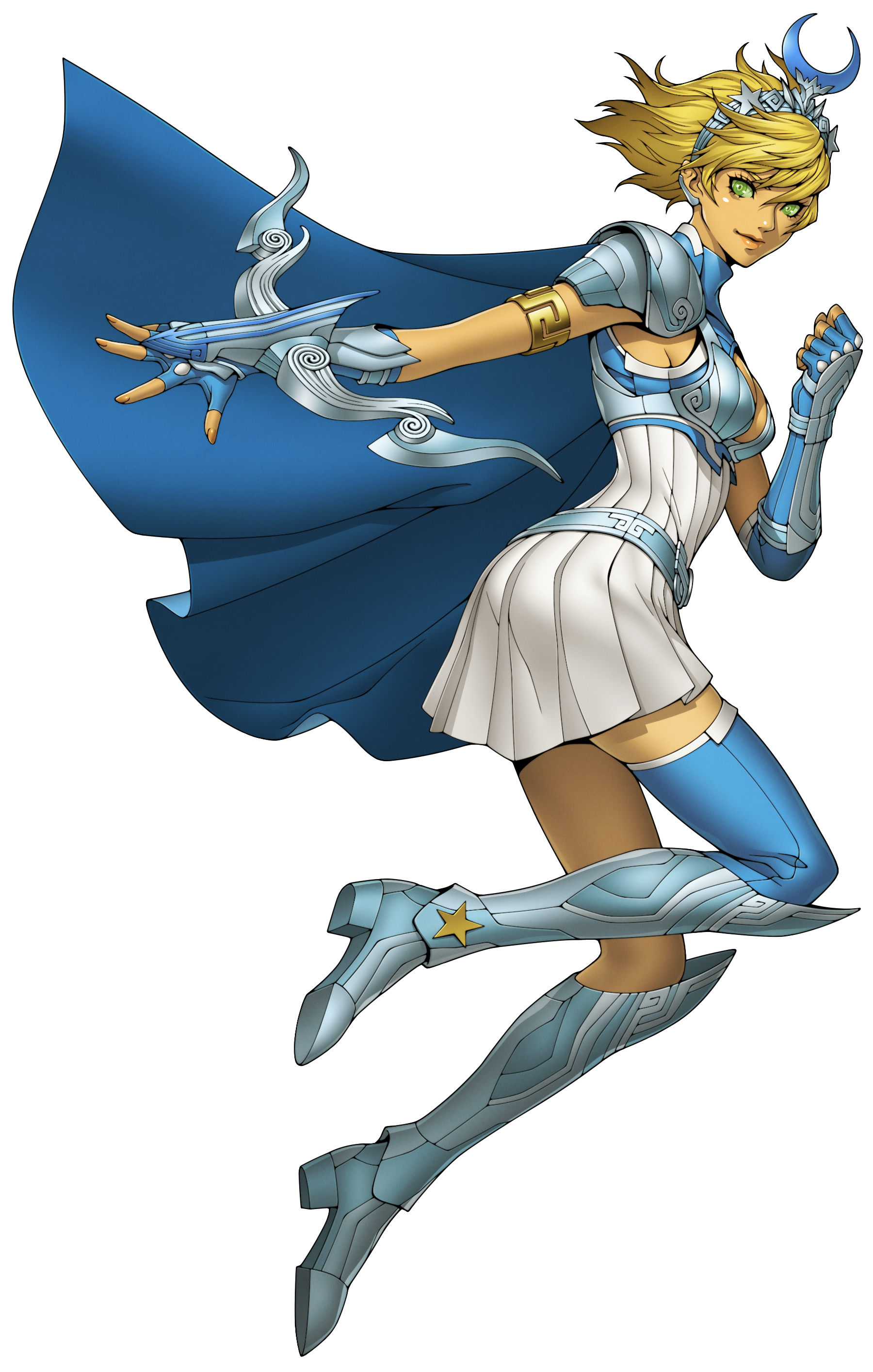 doi masayuki, artemis (megami tensei), shin megami tensei, shin megami tensei v, absurdres, highres, official art, third-party source, 1girl, ancient greek clothes, armor, blonde hair, breasts, demon (megami tensei), full body, gauntlets, greco-roman clothes, looking at viewer, short hair, simple background, skirt, solo, transparent background, yellow eyes