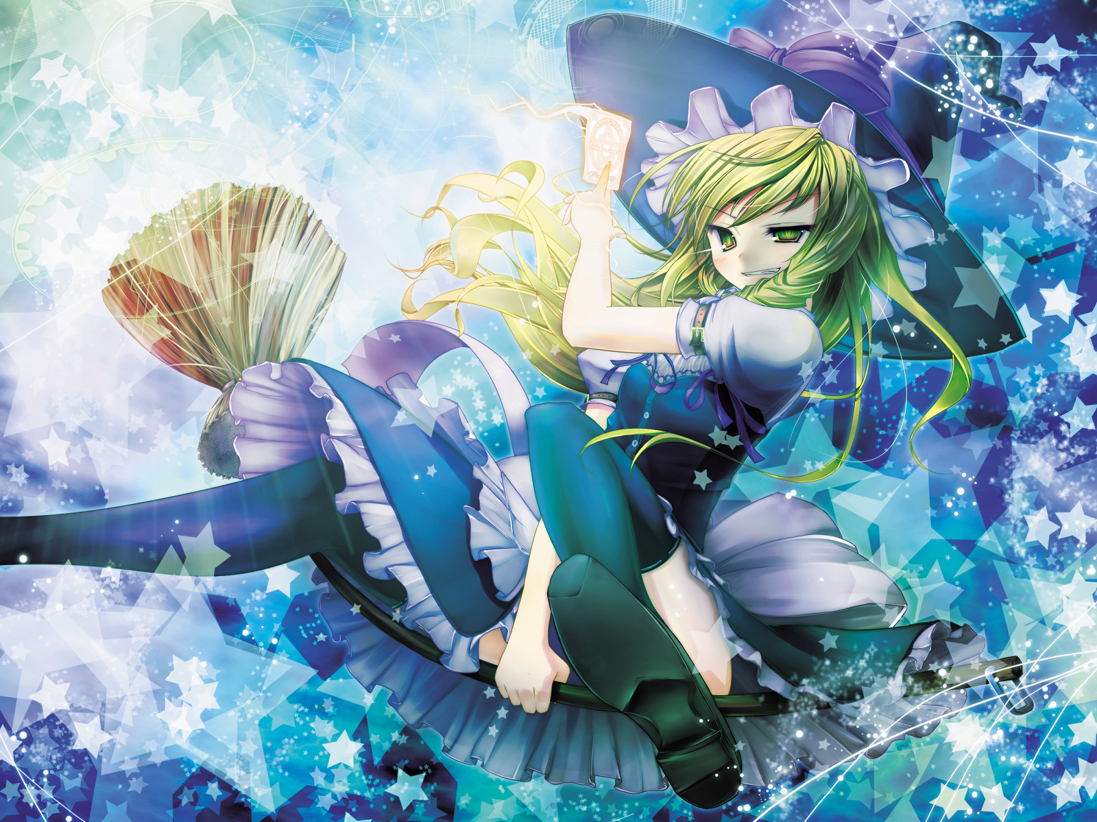 scarlet (studioscr), kirisame marisa, touhou, highres, 1girl, blonde hair, braid, broom, female focus, hat, long hair, solo, thighhighs, witch, witch hat, yellow eyes