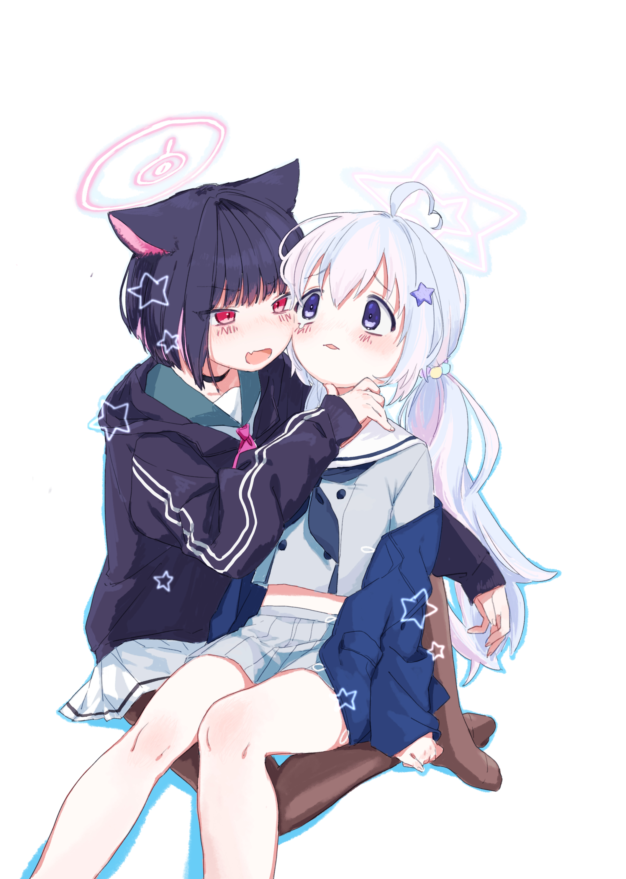 kisaka, kazusa (blue archive), reisa (blue archive), blue archive, absurdres, commentary request, highres, 2girls, :d, ahoge, animal ears, black choker, black hair, black hoodie, blue hair, blue jacket, blue neckerchief, blush, brown pantyhose, buttons, cat ears, cat girl, choker, colored inner animal ears, double-breasted, fang, feet out of frame, full body, furrowed brow, green sailor collar, grey serafuku, grey shirt, grey skirt, hair ornament, halo, hand on another's chin, heart, heart ahoge, hood, hood down, hoodie, hug, jacket, knees apart feet together, long hair, long sleeves, looking at another, low twintails, midriff, miniskirt, multicolored hair, multiple girls, neckerchief, no shoes, open mouth, pantyhose, parted lips, pink hair, pink halo, pleated skirt, purple eyes, red eyes, sailor collar, school uniform, serafuku, shirt, short hair, simple background, sitting, sitting on lap, sitting on person, skin fang, skirt, slit pupils, smile, star (symbol), star hair ornament, star halo, streaked hair, tareme, thighs, tsurime, twintails, two-tone hair, v-shaped eyebrows, very long hair, white background, white sailor collar, white skirt, wide-eyed, yuri