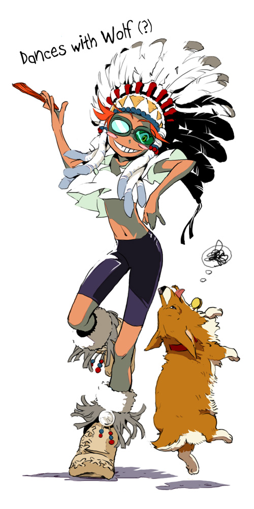 a's, edward wong hau pepelu tivrusky iv, ein (cowboy bebop), cowboy bebop, bad id, bad pixiv id, long image, tall image, 1990s (style), 1girl, androgynous, bacon, bike shorts, blush, blush stickers, boots, dancing, dark-skinned female, dark skin, dog, english text, feathers, female focus, food, goggles, grin, hat, headdress, indian headdress, midriff, native american headdress, navel, red hair, retro artstyle, reverse trap, short hair, skinny, smile, solo, welsh corgi