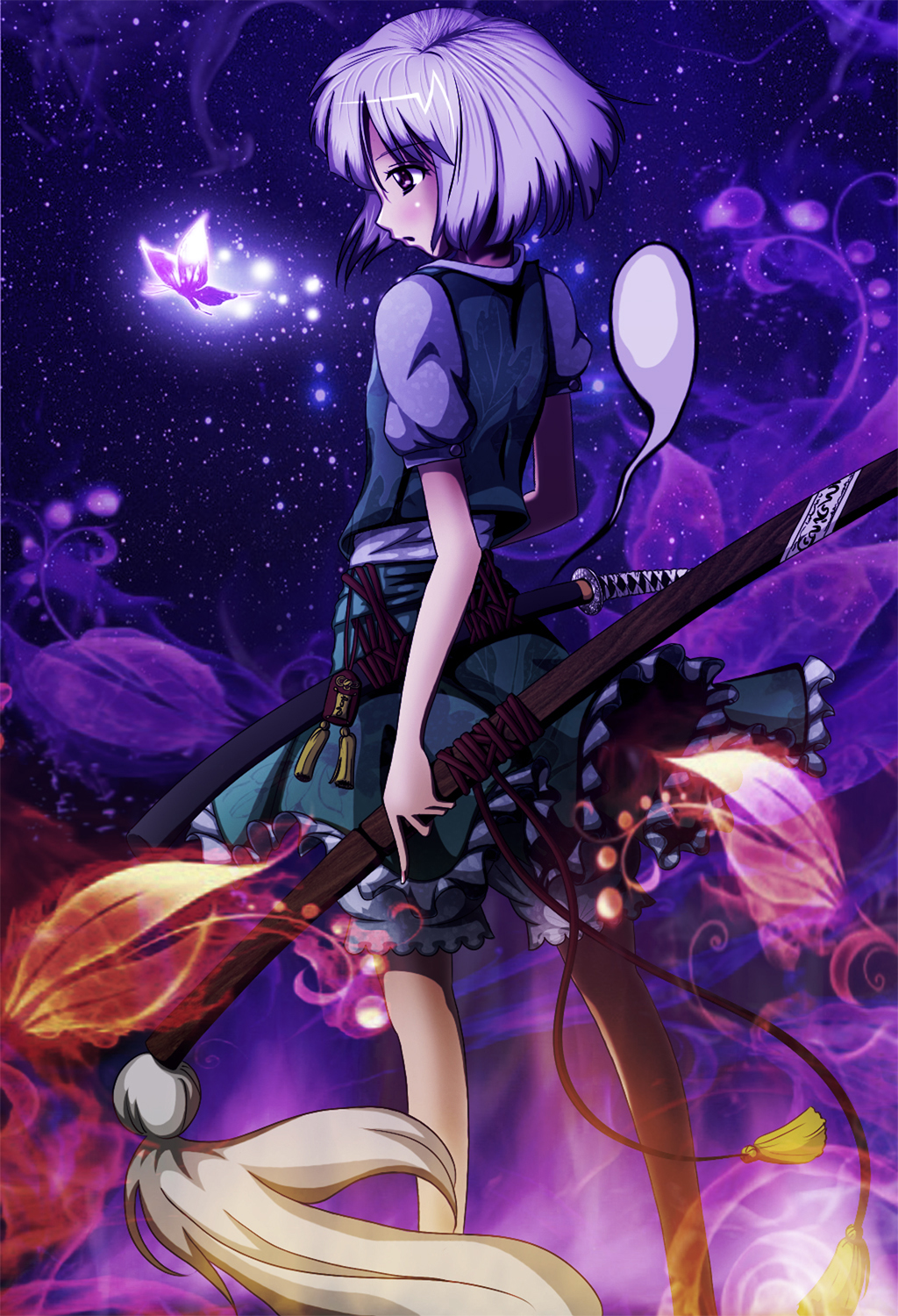 pursechan, konpaku youmu, konpaku youmu (ghost), touhou, silver hair, highres, 1girl, bug, butterfly, female focus, ghost, hitodama, katana, purple eyes, sheath, sheathed, short hair, solo, sword, weapon