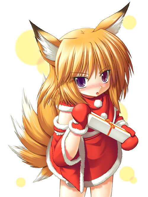 yoruuma, original, 1girl, animal ears, blush, christmas, detached sleeves, female focus, fox ears, fox tail, gift, holding, holding gift, multiple tails, orange hair, purple eyes, santa costume, solo, tail