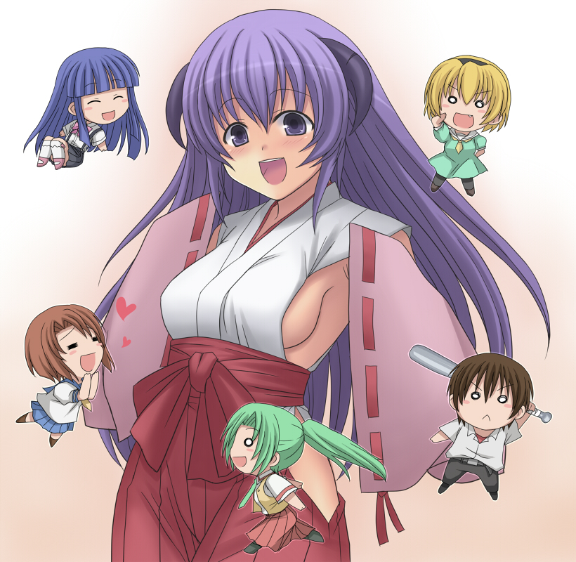 amane hasuhito, furude rika, hanyuu, houjou satoko, maebara keiichi, ryuuguu rena, sonozaki mion, higurashi no naku koro ni, bad id, bad pixiv id, 00s, 1boy, 5girls, :<, baseball bat, blonde hair, blue hair, blush stickers, breasts, brown hair, chibi, closed eyes, demon girl, detached sleeves, fang, green hair, hakama, hakama skirt, heart, horns, japanese clothes, large breasts, long hair, miko, multiple girls, no bra, no panties, o o, ponytail, purple eyes, purple hair, red hakama, short hair, sideboob, skirt, take it home