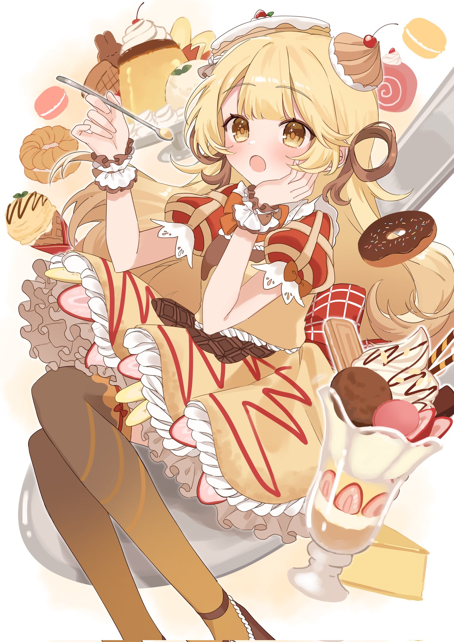 kannagi (kannagi ilust), original, commentary, corrupted twitter file, highres, symbol-only commentary, 1girl, banana, banana slice, blonde hair, blush, bow, bowtie, brown hair, brown socks, brown thighhighs, cherry, donut, dress, feet out of frame, food, food-themed clothes, fruit, hair rings, holding, holding spoon, ice cream, long hair, macaron, multicolored hair, open mouth, orange bow, orange bowtie, pancake, pancake stack, parfait, petticoat, pudding, puffy short sleeves, puffy sleeves, red bow, short sleeves, socks, solo, spoon, strawberry, strawberry parfait, strawberry slice, tareme, thighhighs, two-tone hair, wrist cuffs, yellow dress