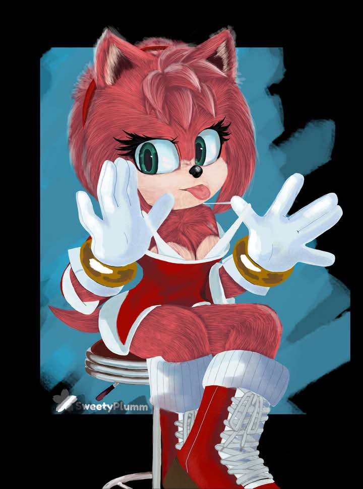 amy rose, sonic (live action), sonic (series), :p, arms up, black background, boots, bra, bracelet, breasts, chair, cleavage, dress, gloves, gold bracelet, green eyes, hairband, jewelry, knee boots, large breasts, pink fur, pink hair, pulling bra, red boots, red hairband, short dress, simple background, sitting, tail, tongue, tongue out, underwear, white bra, white gloves