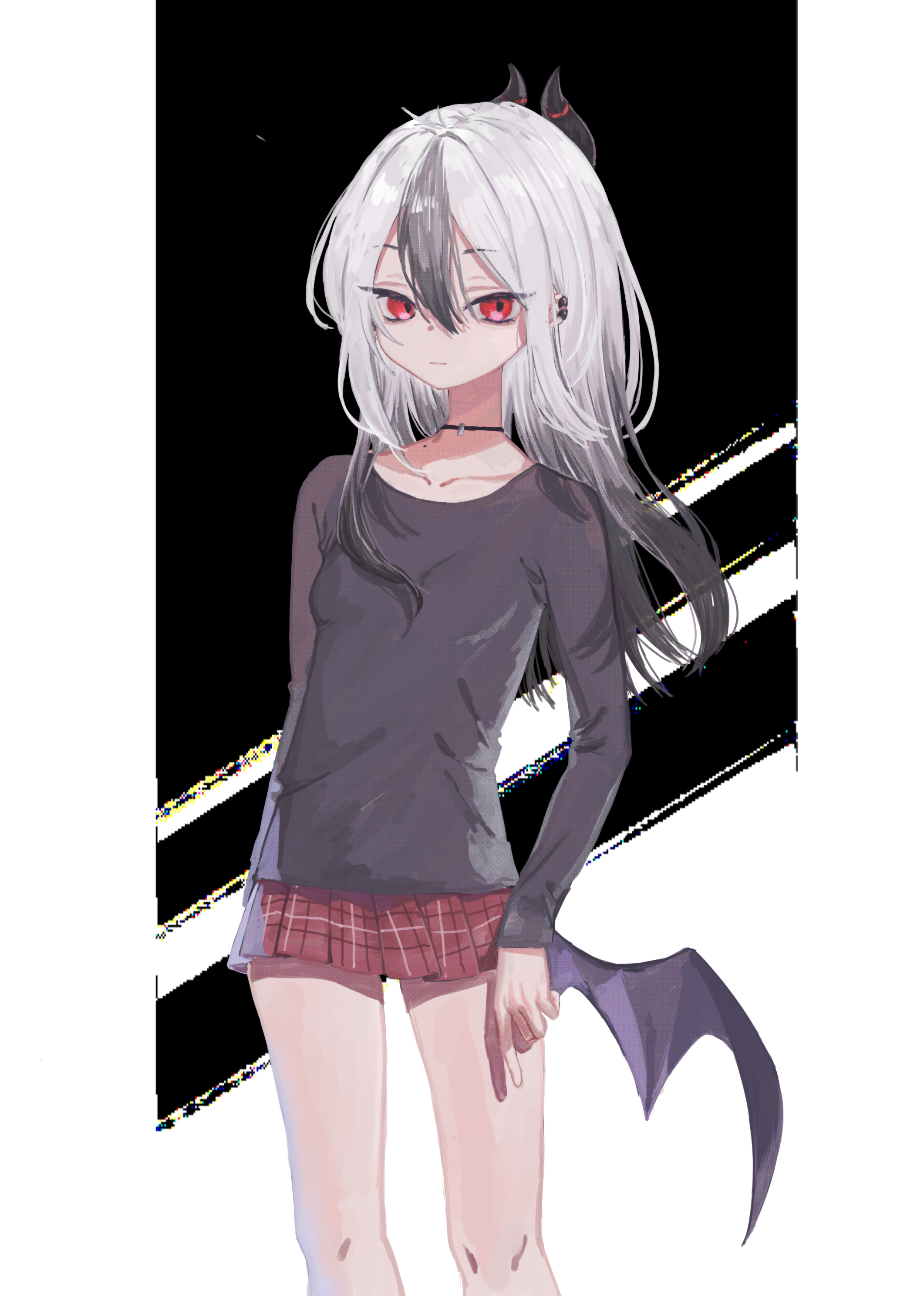 kisaka, kayoko (blue archive), blue archive, absurdres, commentary request, highres, 1girl, adapted costume, alternate hairstyle, black background, black choker, black hair, black horns, black shirt, breasts, choker, closed mouth, collarbone, demon girl, demon horns, demon wings, double-parted bangs, ear piercing, eyelashes, feet out of frame, floating hair, gradient hair, hair between eyes, hair down, horns, light smile, long hair, looking at viewer, low wings, miniskirt, mole, mole on neck, multicolored hair, piercing, plaid clothes, plaid skirt, pleated skirt, red eyes, red skirt, shirt, sidelocks, simple background, single wing, skirt, sleeves past wrists, small breasts, solo, standing, straight hair, two-tone background, two-tone hair, white background, white hair, wings