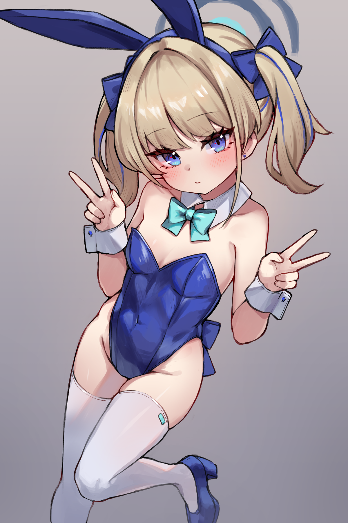 miya (miyaruta), toki (blue archive), toki (bunny) (blue archive), blue archive, commentary, highres, 1girl, aged down, alternate breast size (smaller), alternate hairstyle, animal ear hairband, animal ears, blue bow, blue bowtie, blue eyes, blue hair, blue halo, blue leotard, blush, bow, bowtie, breasts, brown hair, closed mouth, covered navel, detached collar, double v, earrings, fake animal ears, grey background, hair bow, hairband, halo, hands up, highleg, highleg leotard, jewelry, leotard, looking at viewer, multicolored hair, official alternate costume, playboy bunny, rabbit ear hairband, rabbit ears, short hair, simple background, small breasts, solo, standing, standing on one leg, strapless, strapless leotard, streaked hair, stud earrings, thighhighs, twintails, v, white thighhighs, white wrist cuffs, wrist cuffs